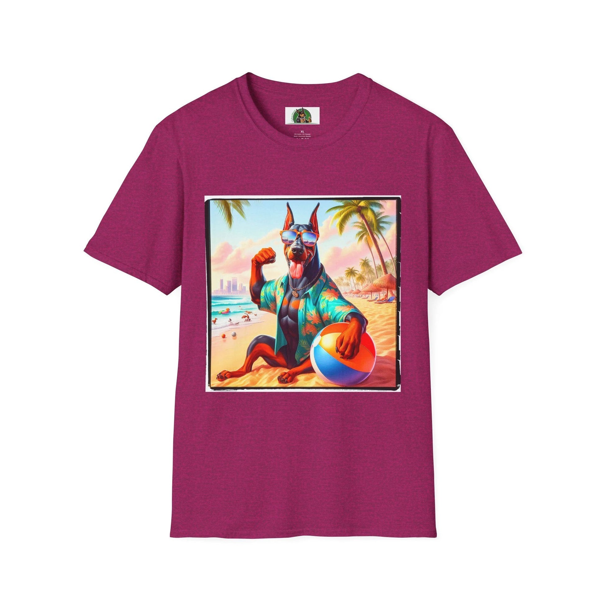 Doberman Beach Hunk Tee Unisex Soft Style Casual Shirt Bold Dog Breed Graphic For Beach And Everyday Wear T-Shirt Printify S Antique Heliconia