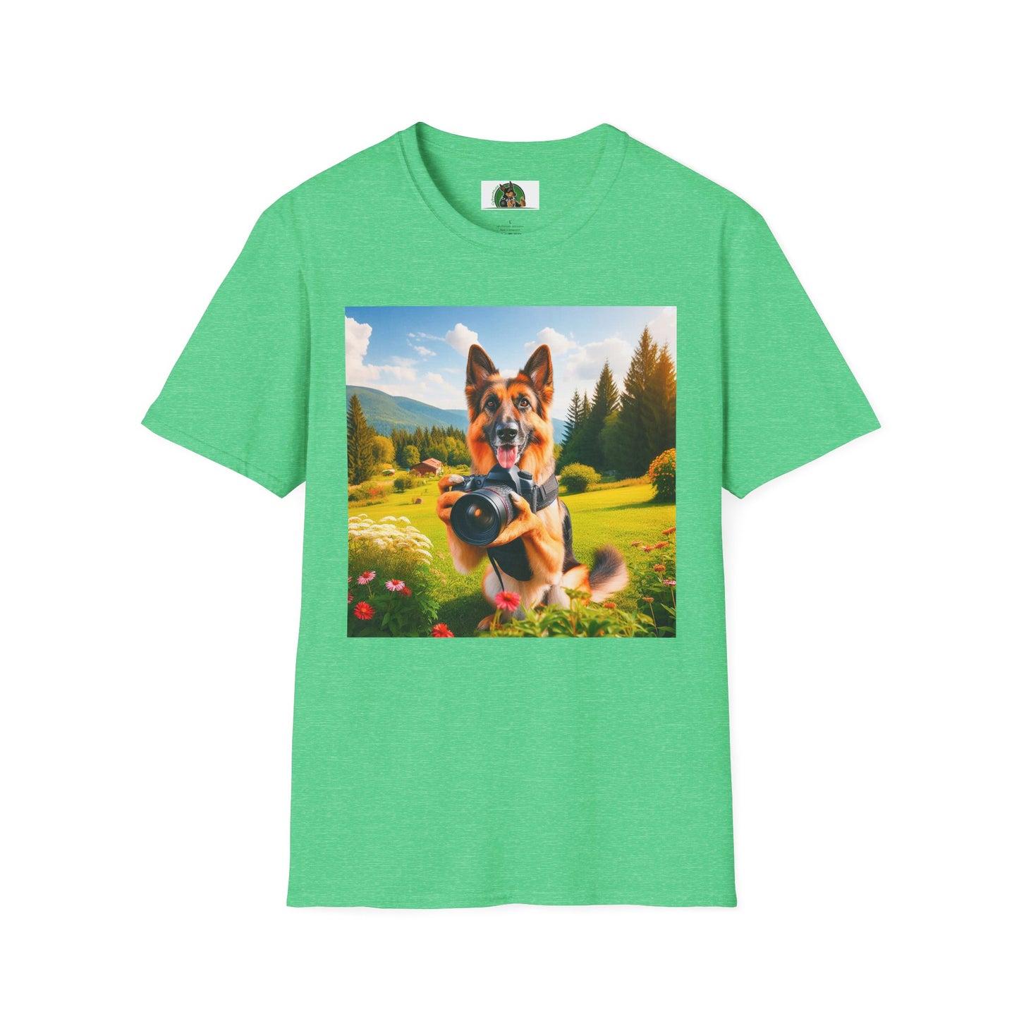 German Shepherd taking photos shirt T-Shirt Printify Heather Irish Green S