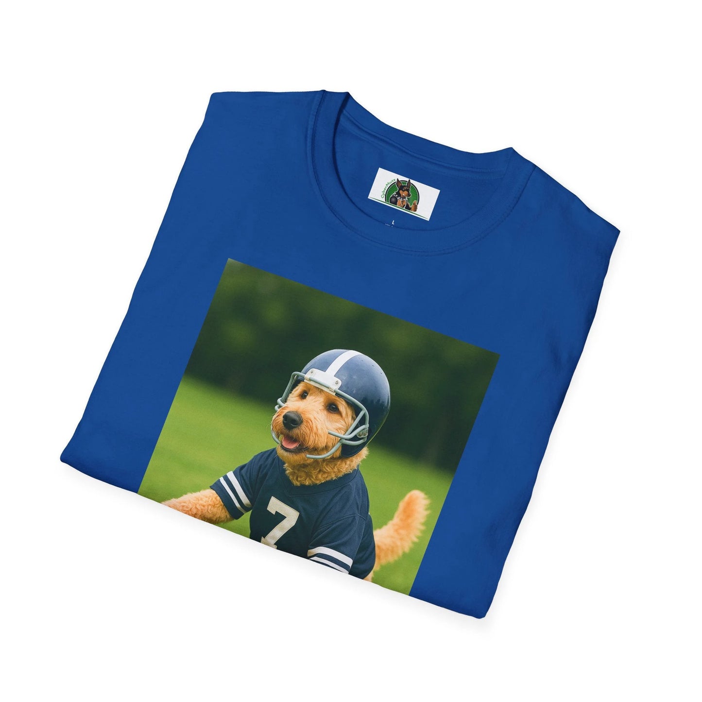 Golden Doodle Playing Football T-Shirt — Sports Dog Lover Tee T-Shirt Printify