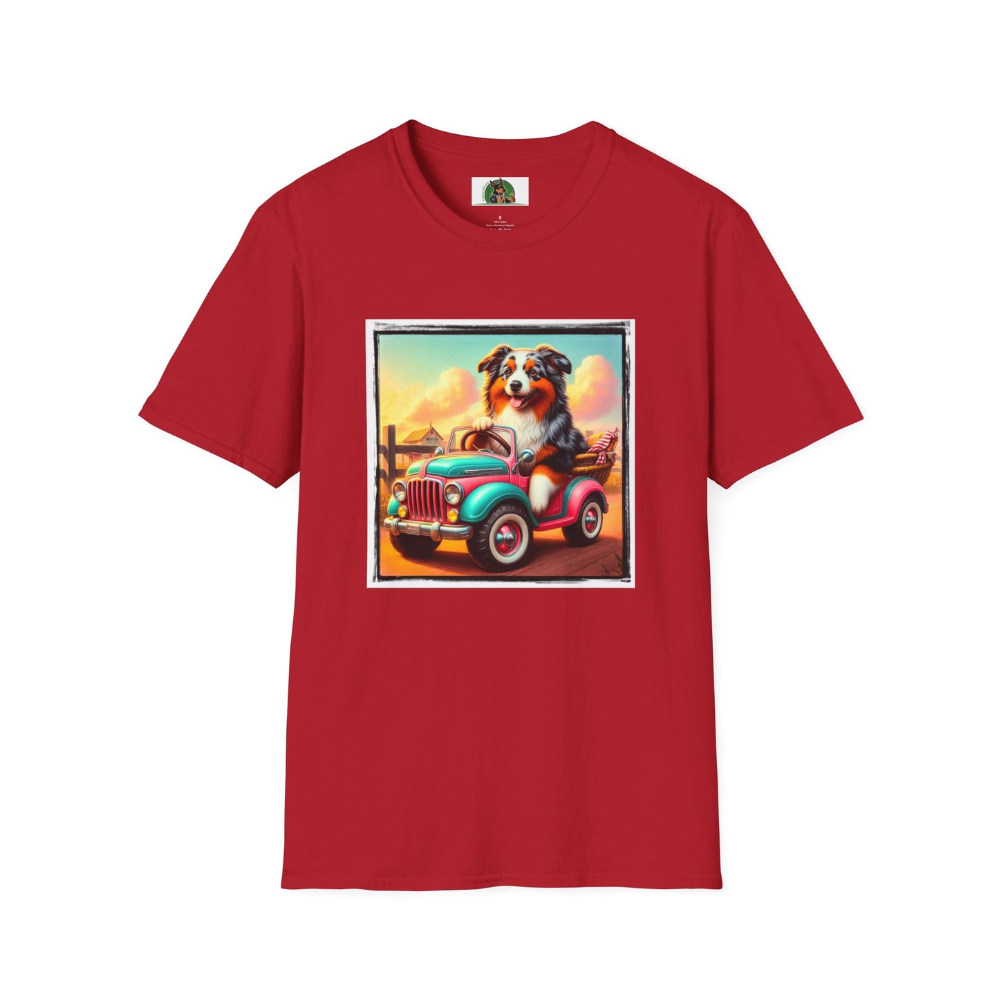 Wacky Australian Shepherd Dog In Mini Truck T-Shirt Printify S Cherry Red 