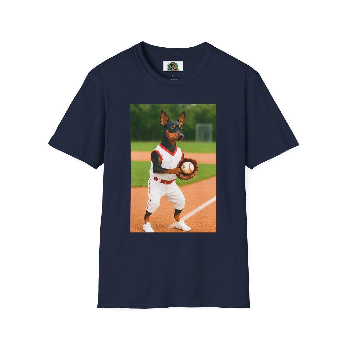 Min Pin Baseball Tee — Miniature Pinscher Dog Lover Sports T-Shirt T-Shirt Printify Navy S