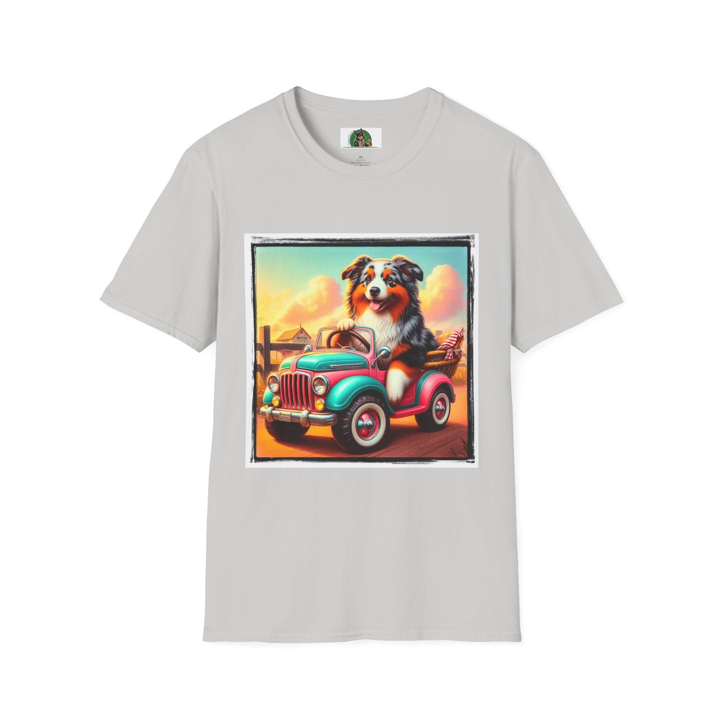 Wacky Australian Shepherd Dog In Mini Truck T-Shirt Printify S Ice Grey 