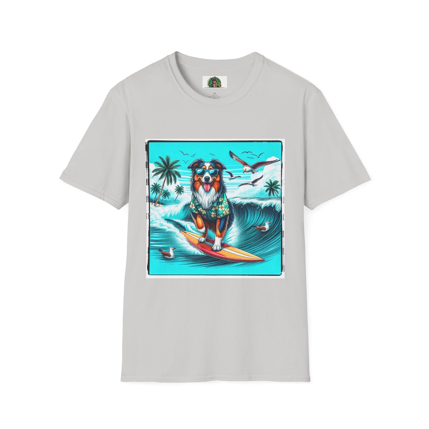 Australian Shepherd Wearing Hawaiian Shirt Surfer Dog T-Shirt Printify S Ice Grey 