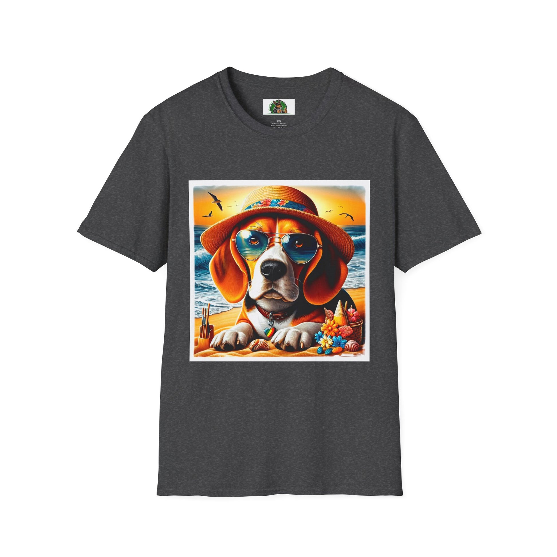 Beagle Wearing Sun Hat At The Beach T-Shirt Printify XS Dark Heather 