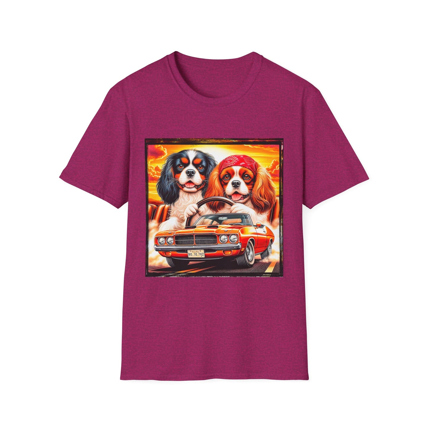 Cavalier King Charles Spaniel Hippie Couple Dogs In Car TShirt T-Shirt Printify S Antique Heliconia