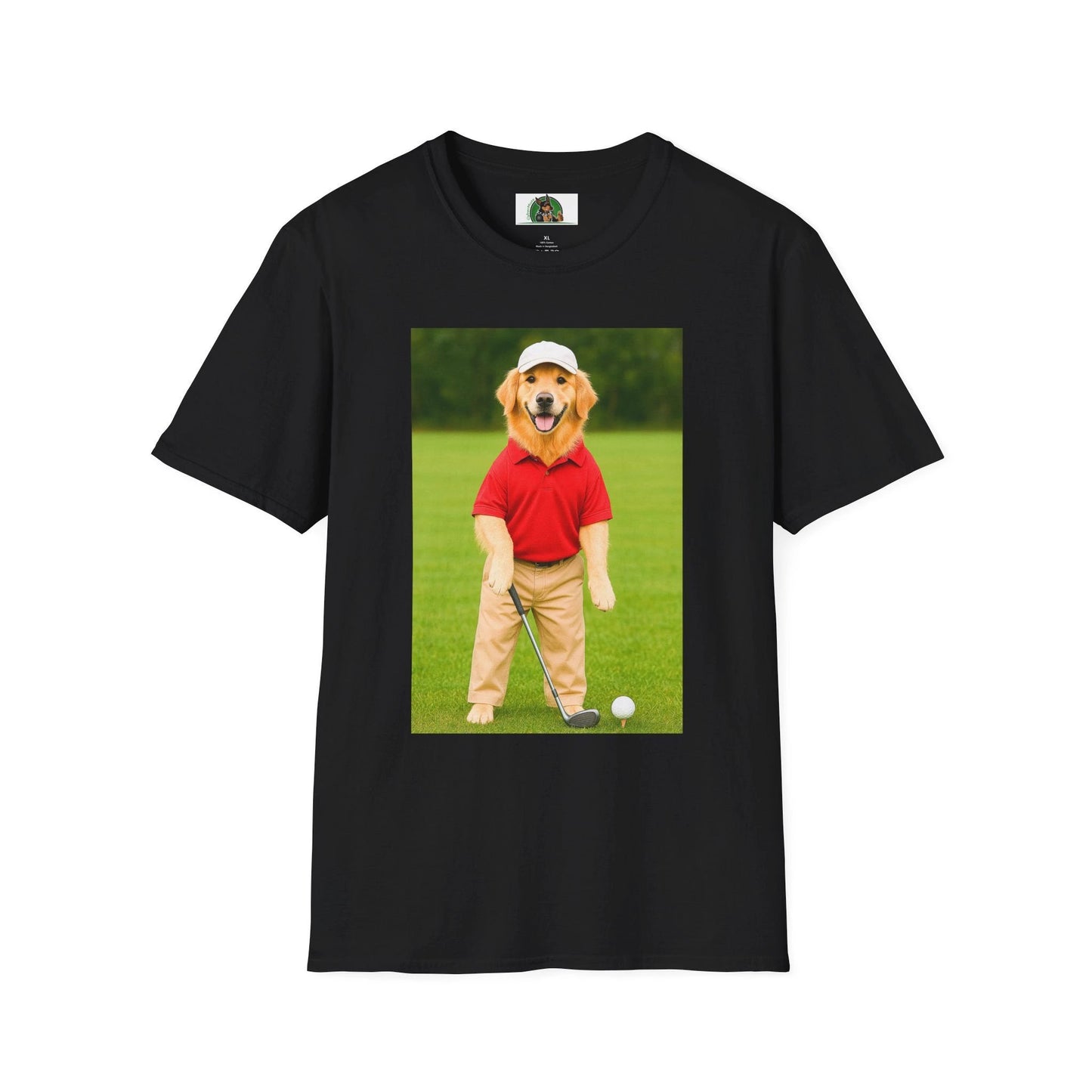 Golden Retriever Playing Golf T-Shirt — Funny Dog Golfing Sports Tee T-Shirt Printify Black S