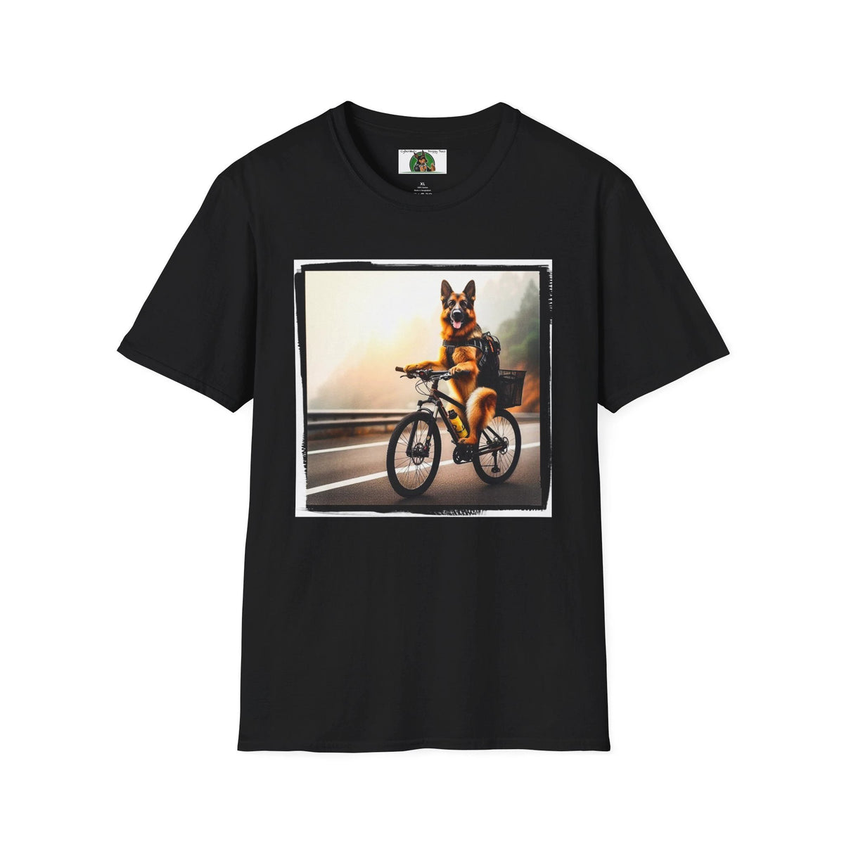Road Bike German Shepherd Cycling Tee By CyberMutz Quirky Dog Art Shirt For Cyclists And Dog Lovers T-Shirt Printify S Black