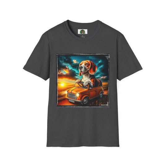 Wacky Beagle Driving Tiny Car In Sunset T-Shirt Printify XS Dark Heather 