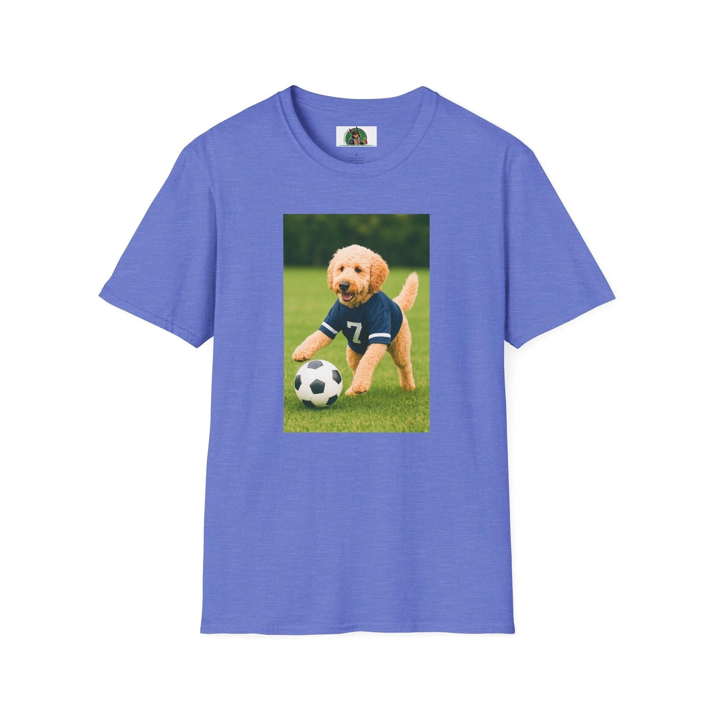 Golden Doodle Soccer T-Shirt — Sports Dog Playing Soccer T-Shirt Printify Heather Royal S