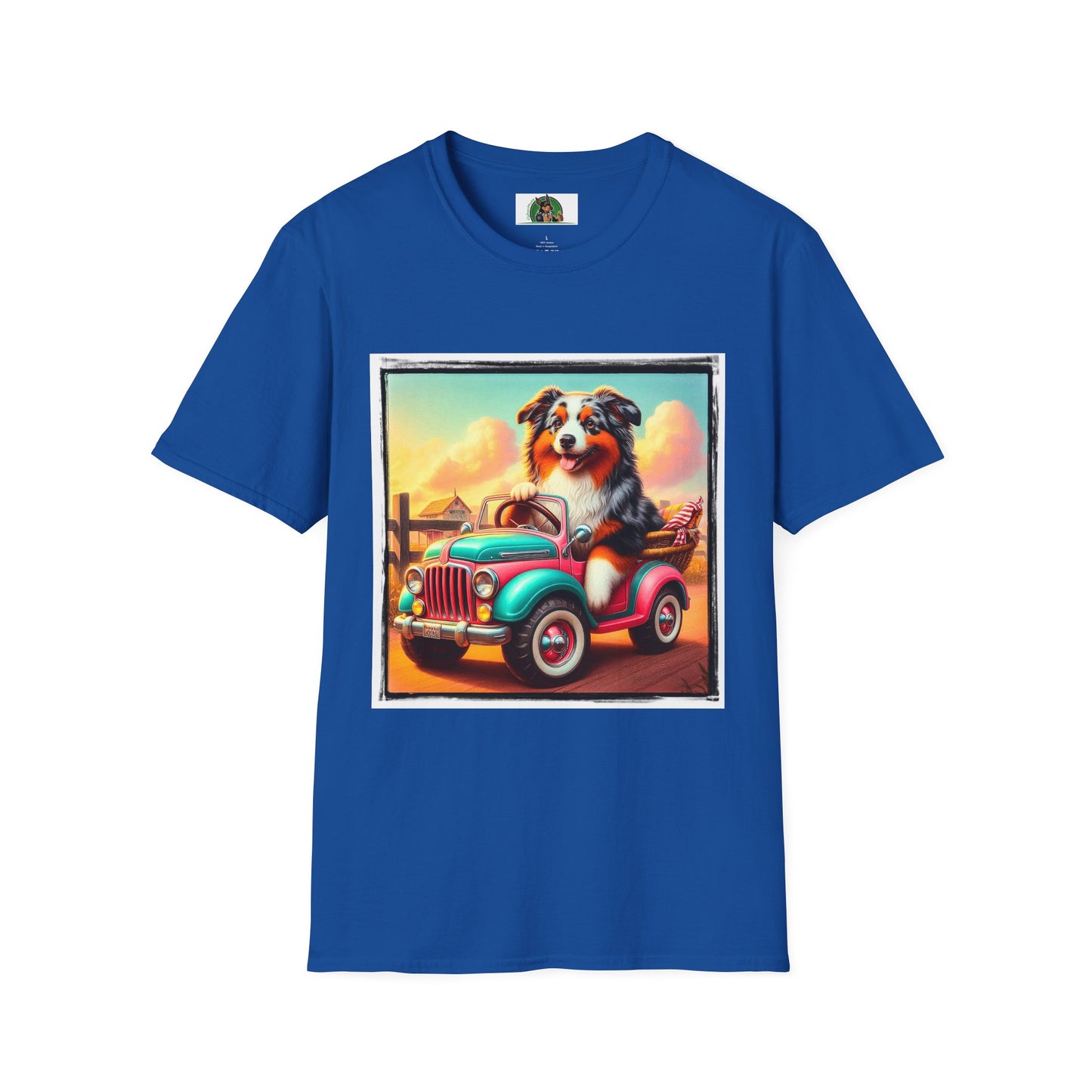 Wacky Australian Shepherd Dog In Mini Truck T-Shirt Printify XS Royal