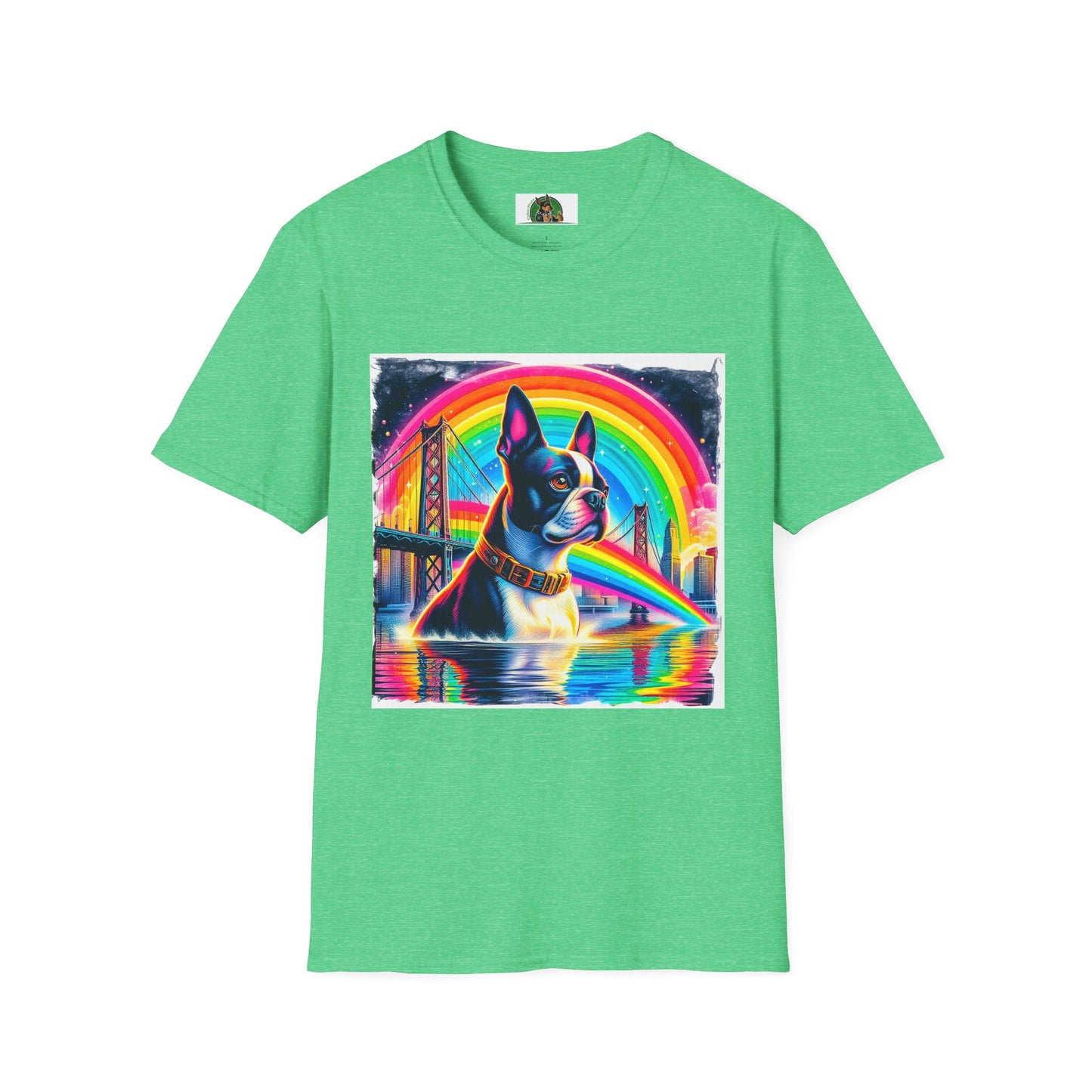 Boston Terrier Rainbow Bridge Dog At Beach T-Shirt Printify S Heather Irish Green 