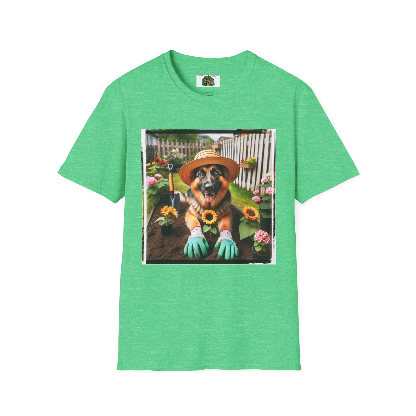 German Shepherd Dog Gardener Unisex Softstyle T-Shirt T-Shirt Printify S Heather Irish Green