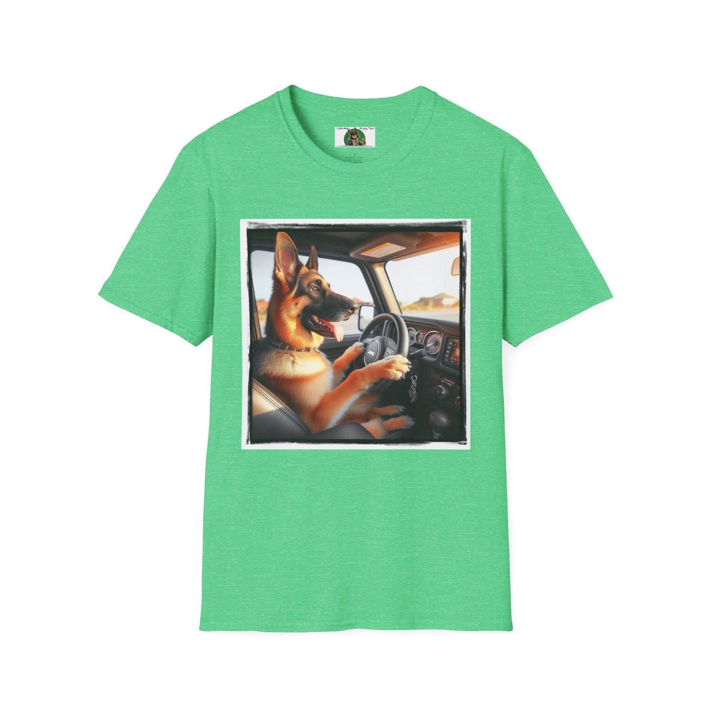 German Shepherd Dog Off-Roader Unisex Softstyle T-Shirt T-Shirt Printify S Heather Irish Green