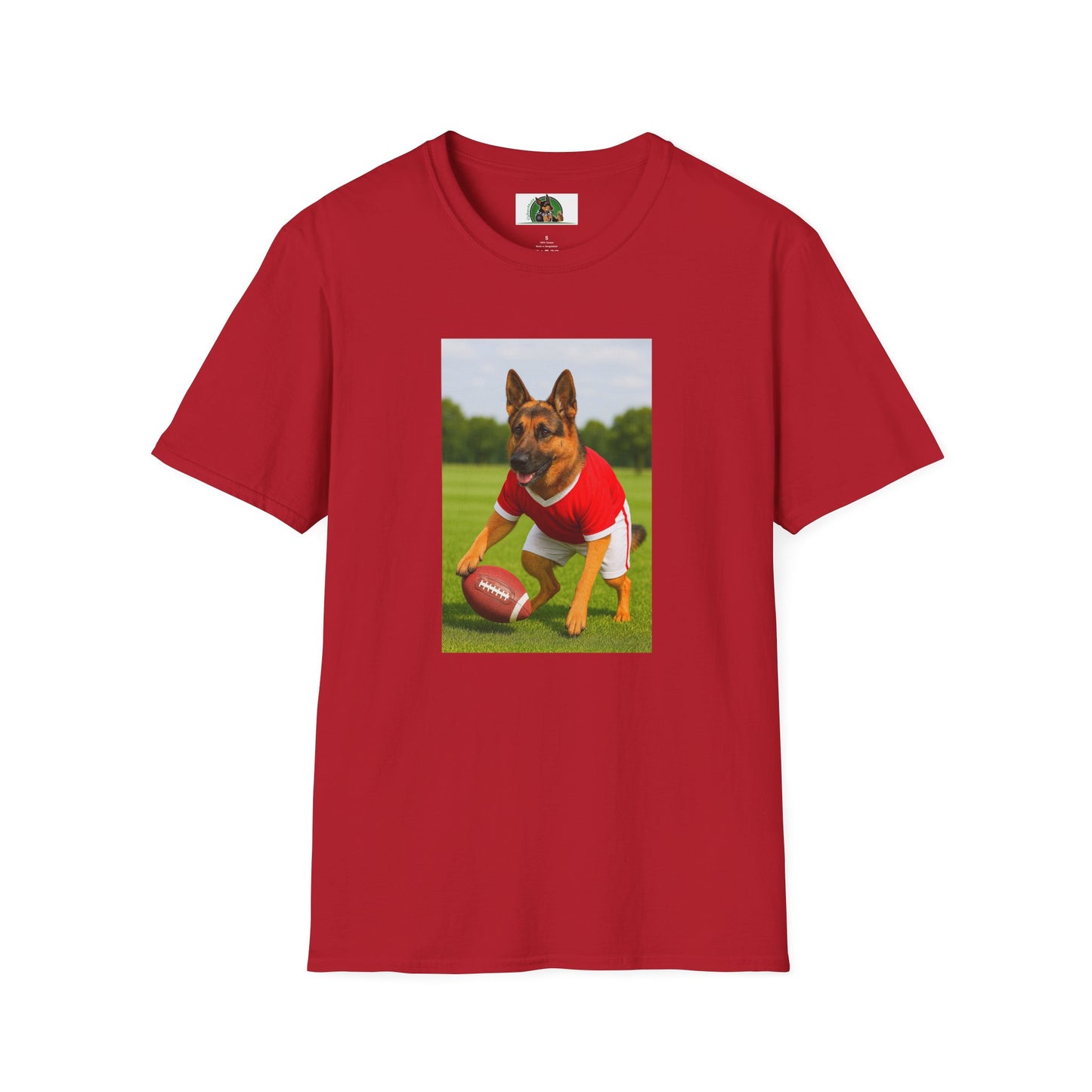 Sports German Shepherd Playing Football Unisex T-Shirt T-Shirt Printify Cherry Red S