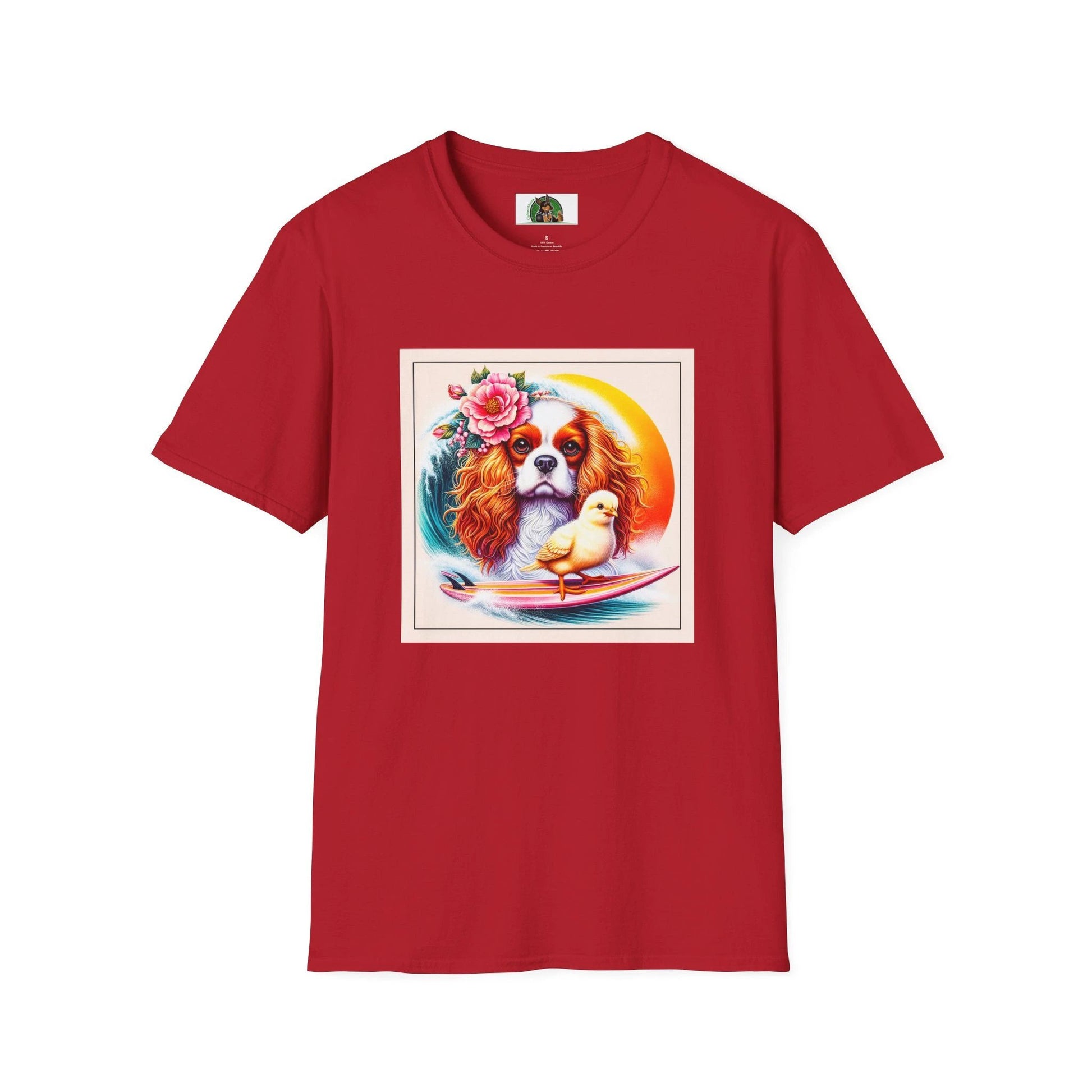 Cavalier King Charles Spaniel Sunset Surfer T Shirt For Dog Lovers Graphic Tee Collection T-Shirt Printify S Cherry Red