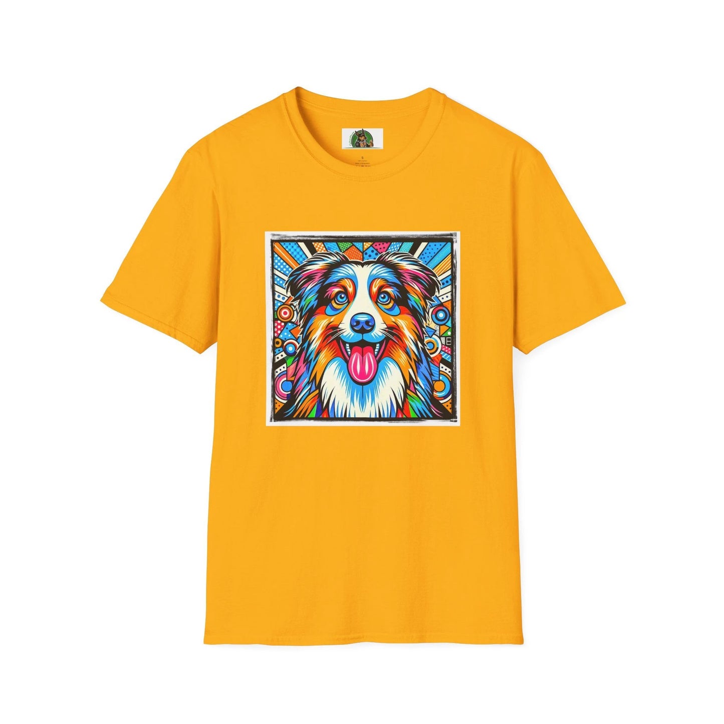 Australian Shepherd Bright Pop Art T Shirt Vibrant Canine Graphic Tee for Dog Lovers T-Shirt Printify S Gold