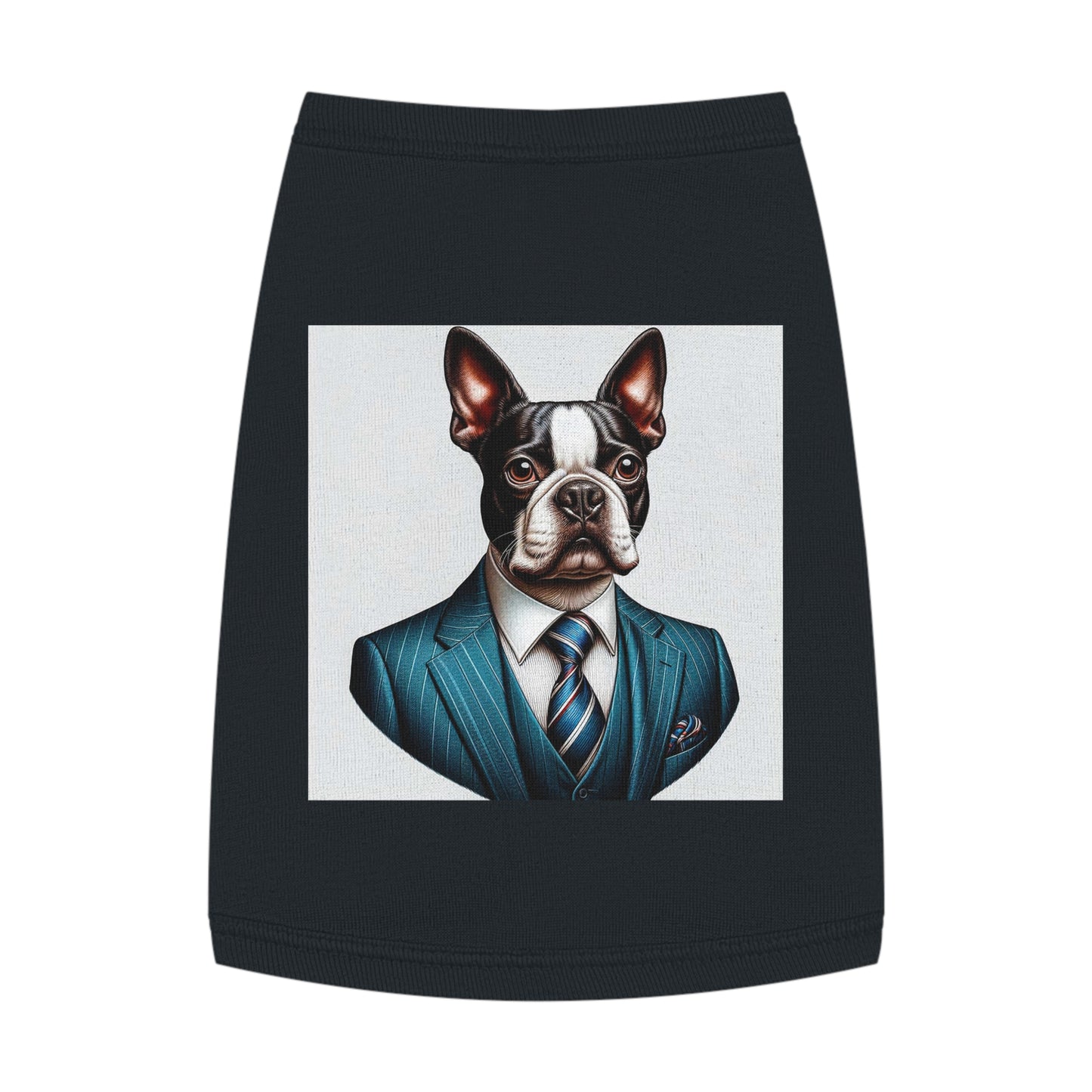 Pet Tank Top Boston Terrier Wearing Blue Suit and Tie Pets Printify M Black 