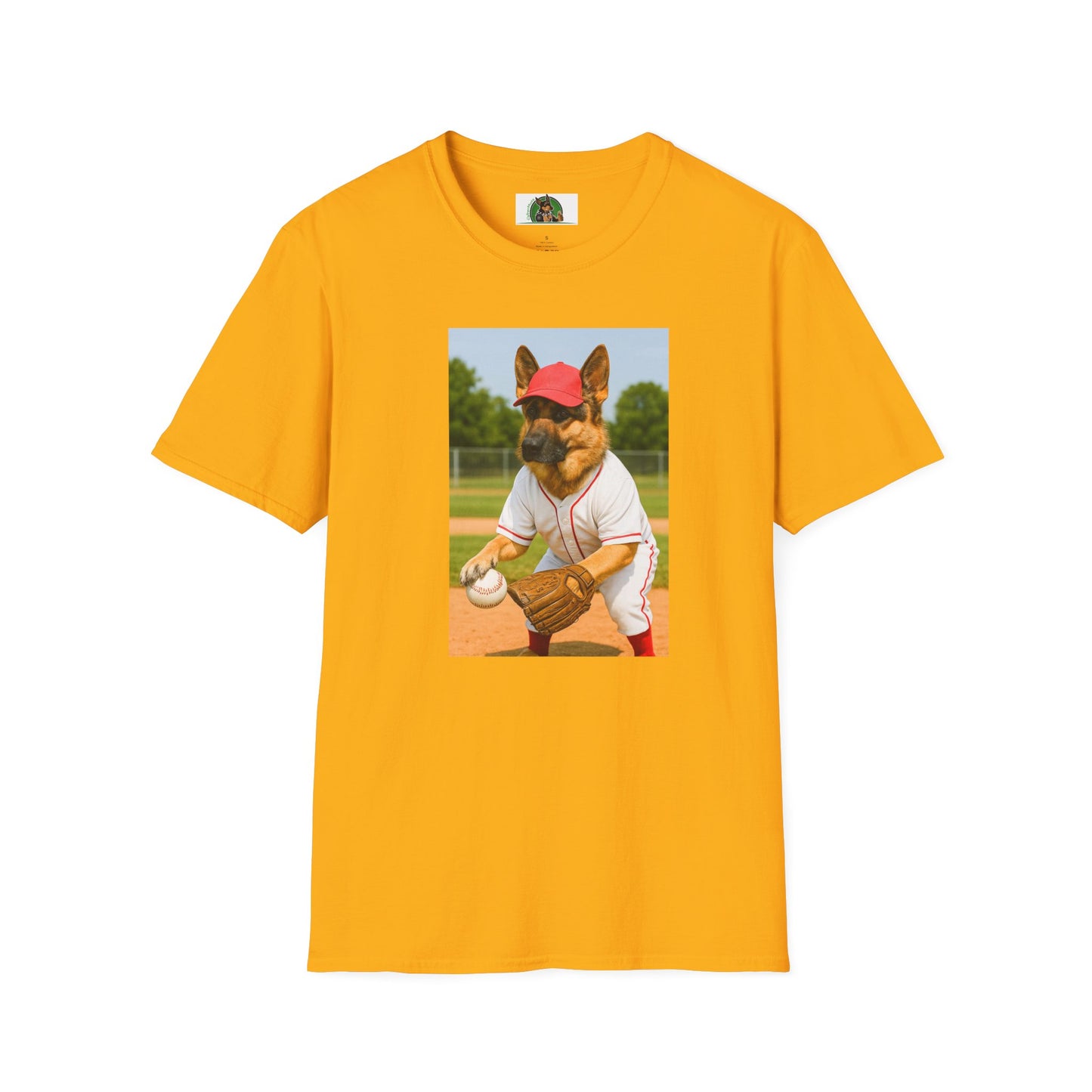 German Shepherd Playing Baseball T-Shirt — Sports Dog Tee T-Shirt Printify Gold S