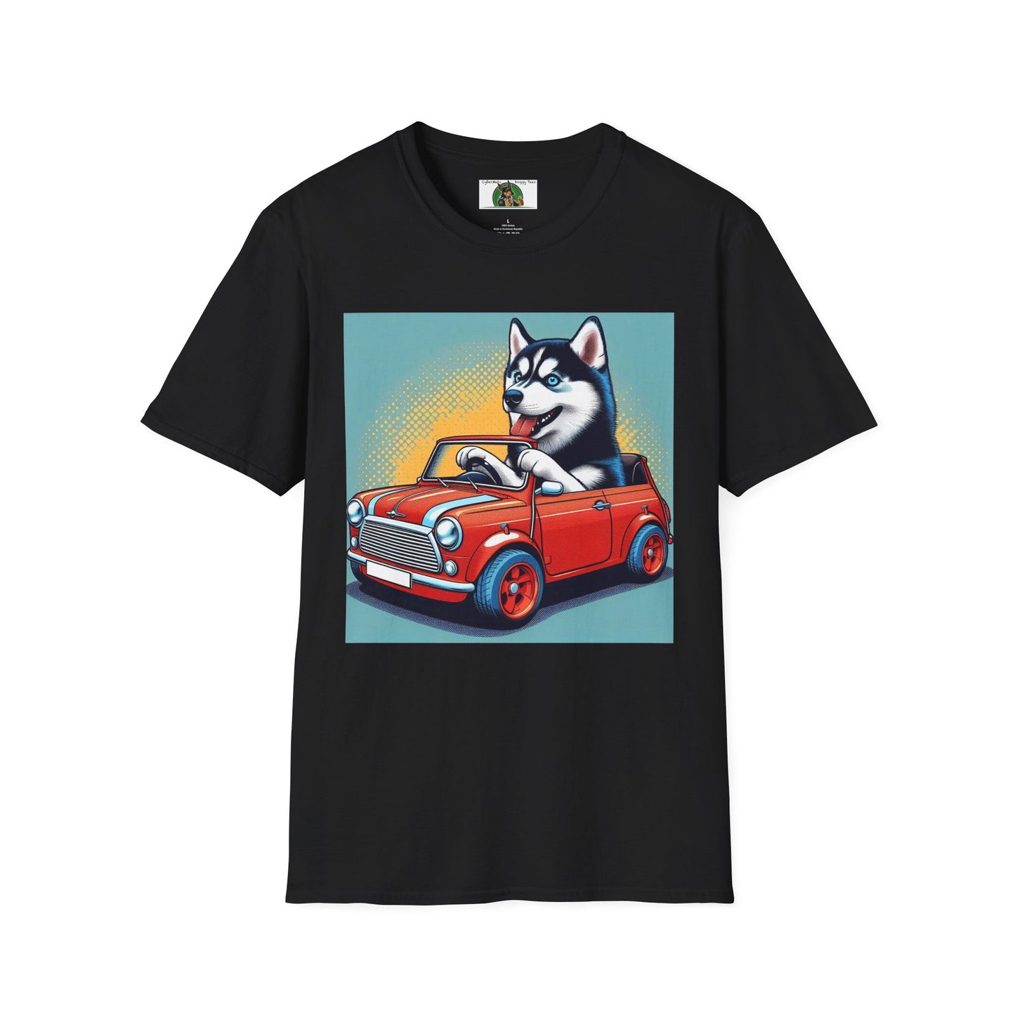 Husky in a Wacky Little Car T-Shirt Printify Black S 