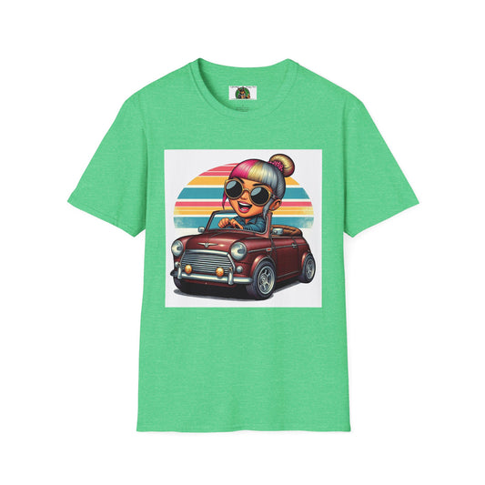 Girl in a Wacky Little Car T-Shirt Printify Heather Irish Green S 