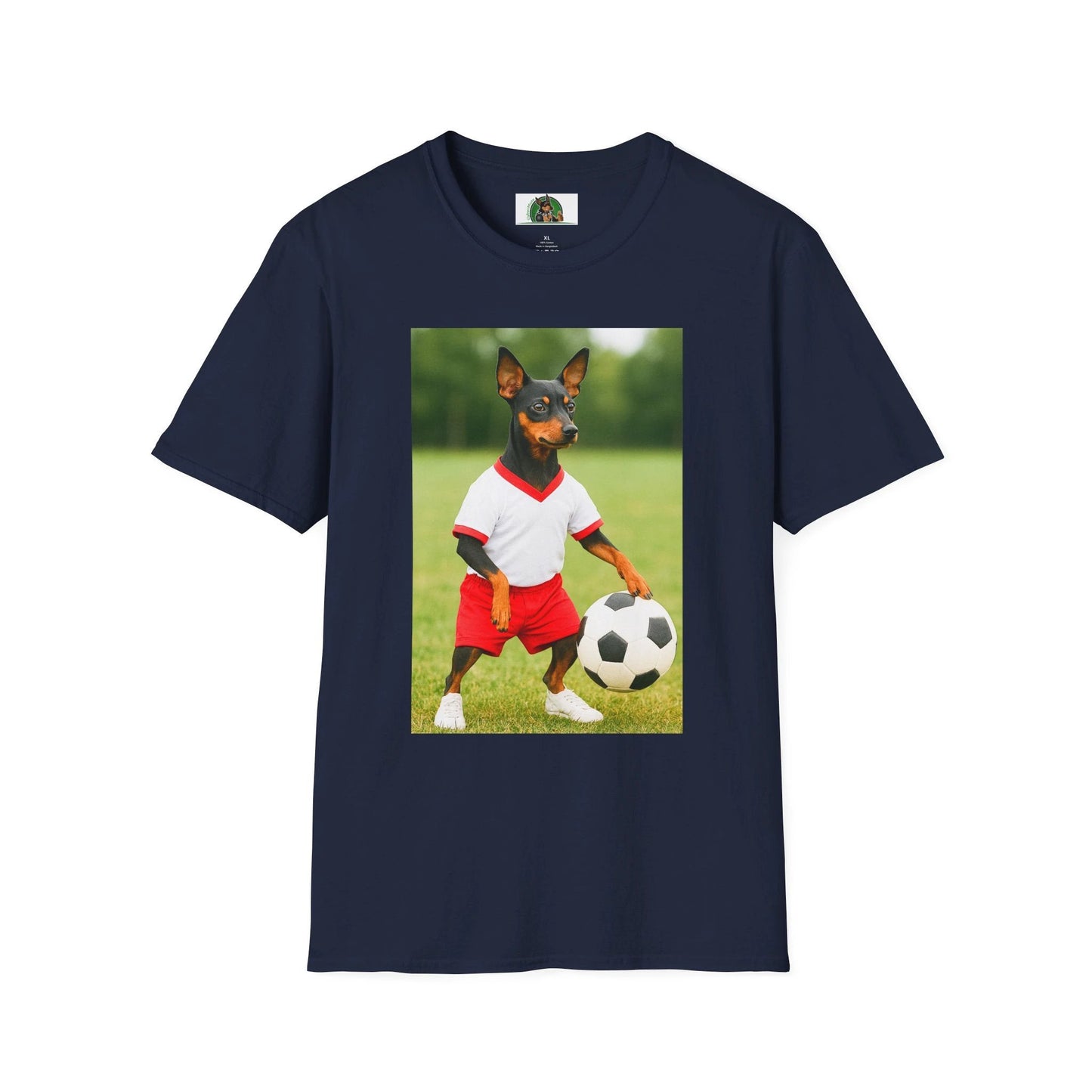 Miniature Pinscher Soccer T-Shirt — "Min Pin Soccer" Dog Lover Sports Tee T-Shirt Printify Navy S