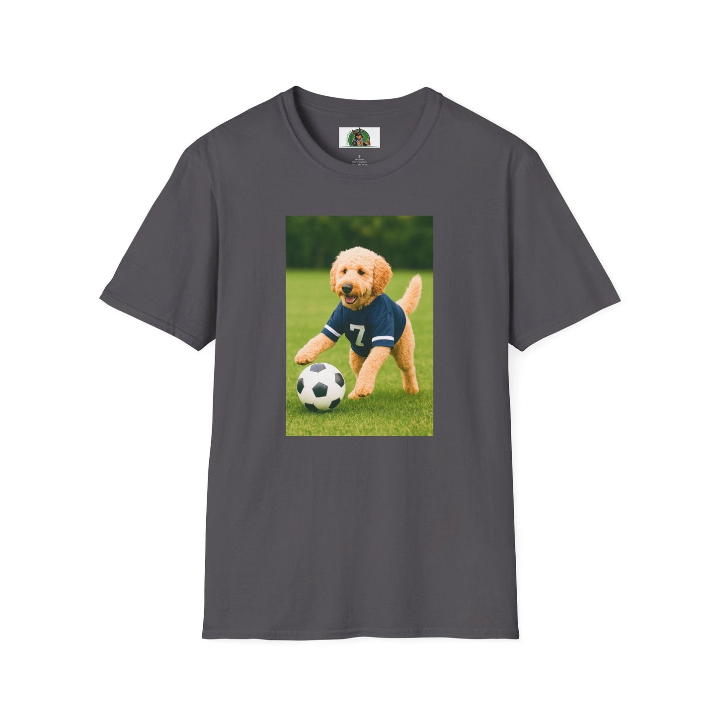 Golden Doodle Soccer T-Shirt — Sports Dog Playing Soccer T-Shirt Printify Charcoal S