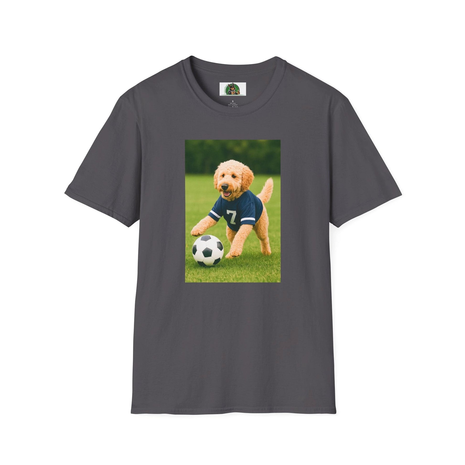 Golden Doodle Soccer T-Shirt — Sports Dog Playing Soccer T-Shirt Printify Charcoal S