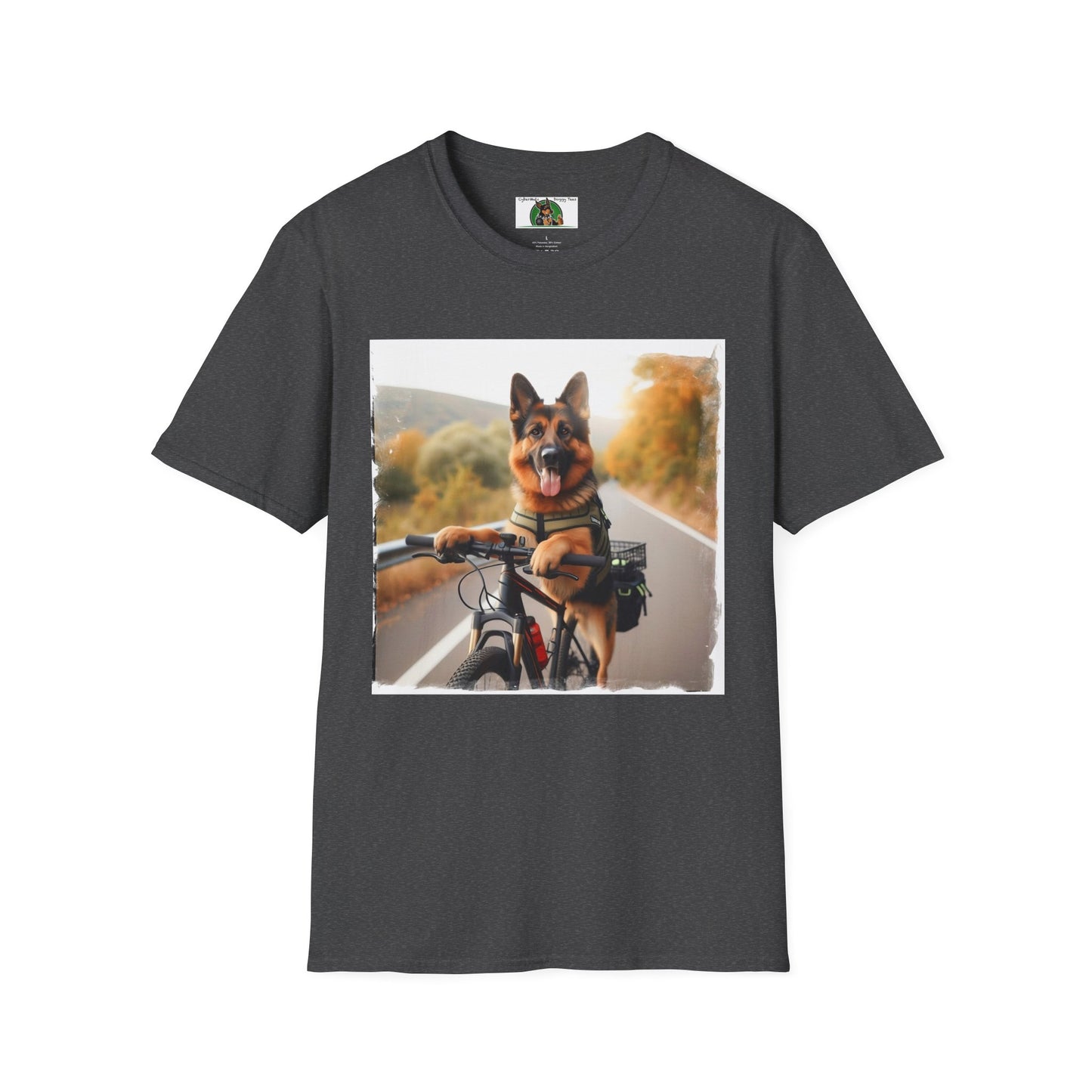 German Shepherd Dog Road Biking! Unisex Softstyle T-Shirt T-Shirt Printify S Dark Heather