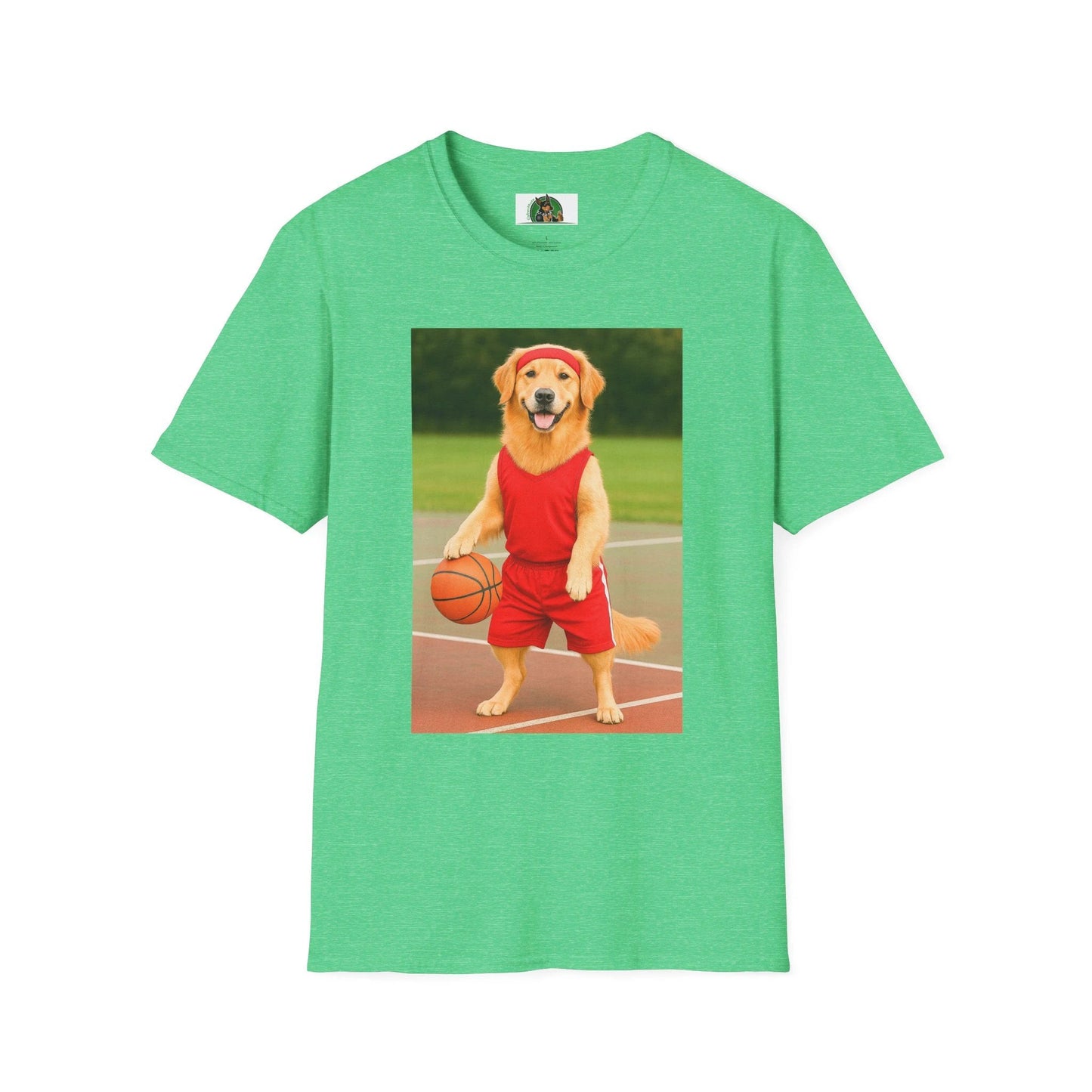 Golden Retriever Playing Basketball T-Shirt — Sports Dog Tee T-Shirt Printify Heather Irish Green S