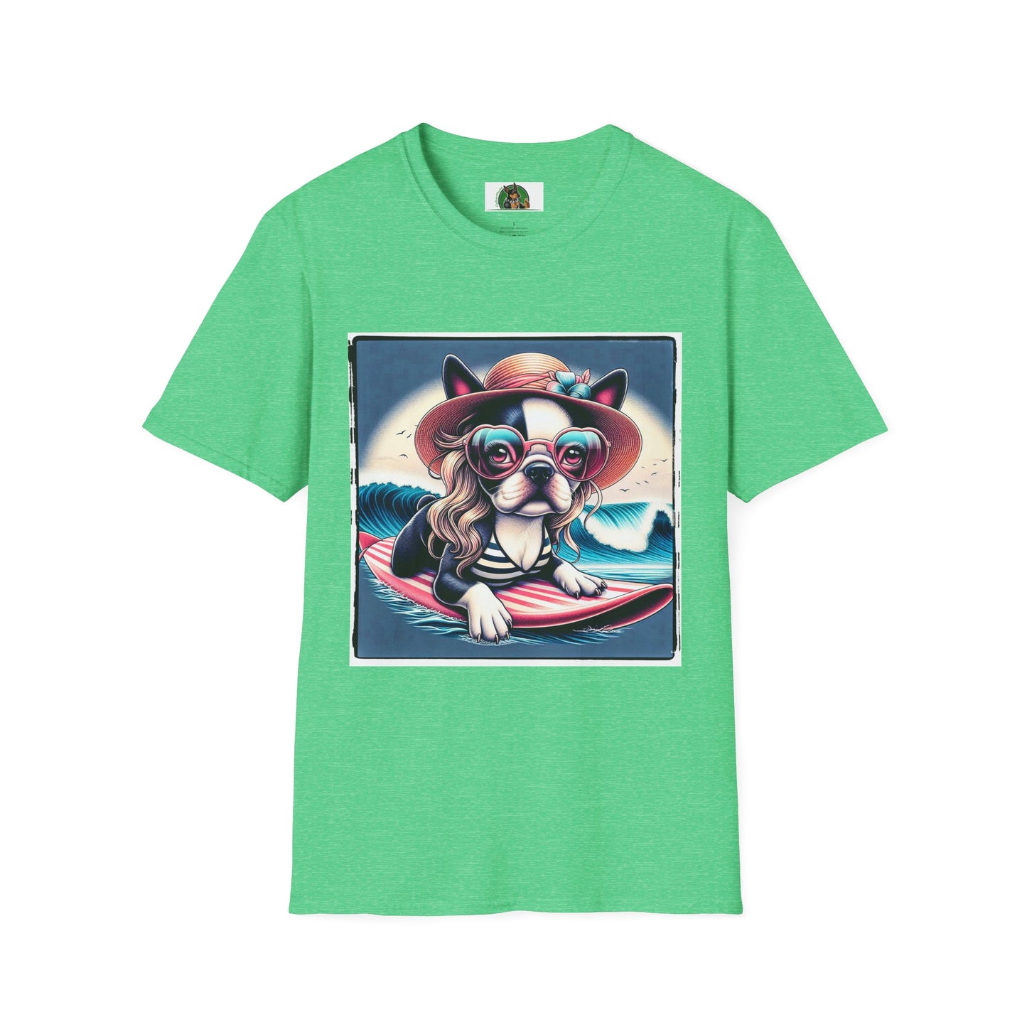 Boston Terrier Blonde Surfer Girl Dog T-Shirt Printify S Heather Irish Green 