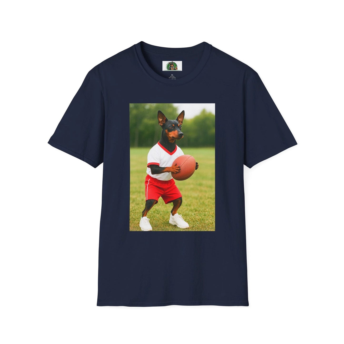 Miniature Pinscher Football T-Shirt — "Min Pin Football" Dog Lover Sports Tee T-Shirt Printify Navy S