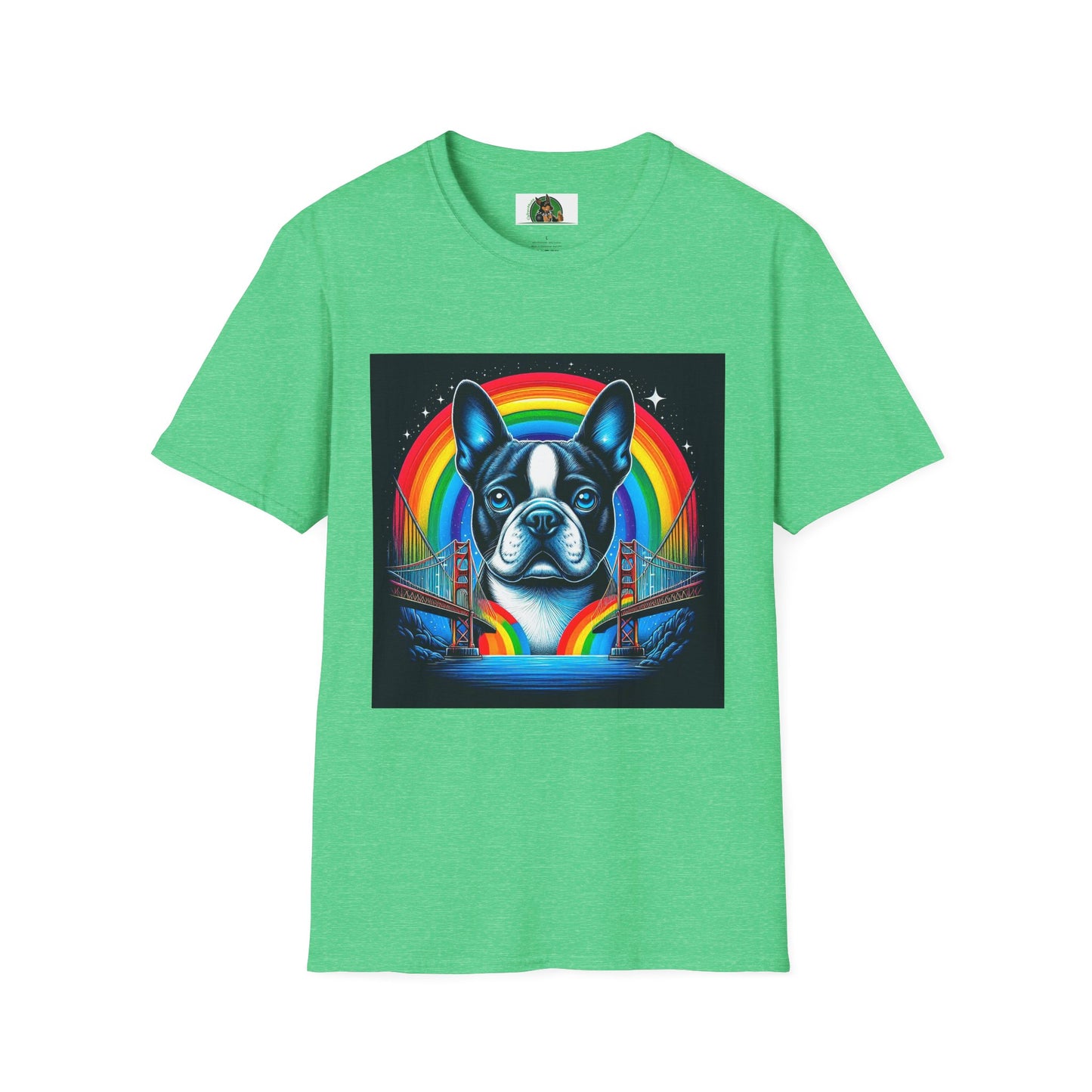 Boston Terrier Dog Overlooking Rainbow Bridge T-Shirt Printify S Heather Irish Green 