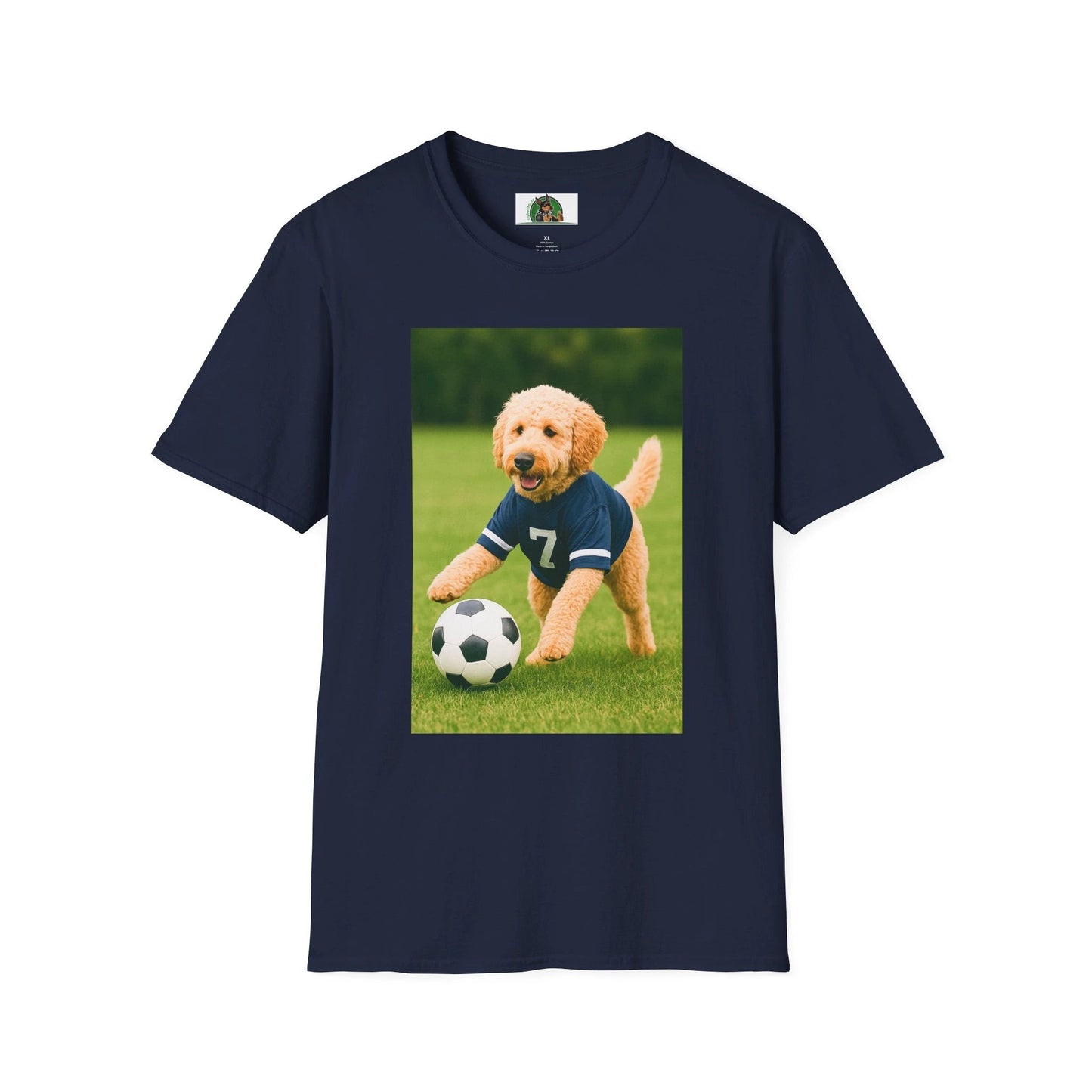 Golden Doodle Soccer T-Shirt — Sports Dog Playing Soccer T-Shirt Printify Navy S
