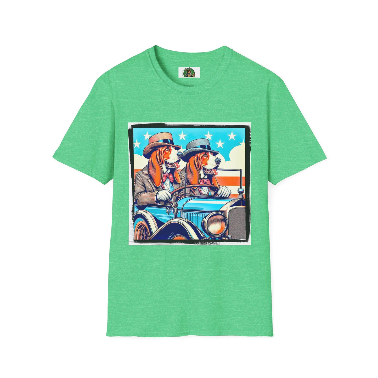 Wacky Basset Hounds In Old Car Driving T-Shirt Printify S Heather Irish Green