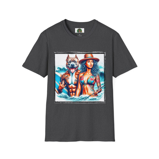 Pit Bull surfing couple shirt T-Shirt Printify XS Dark Heather