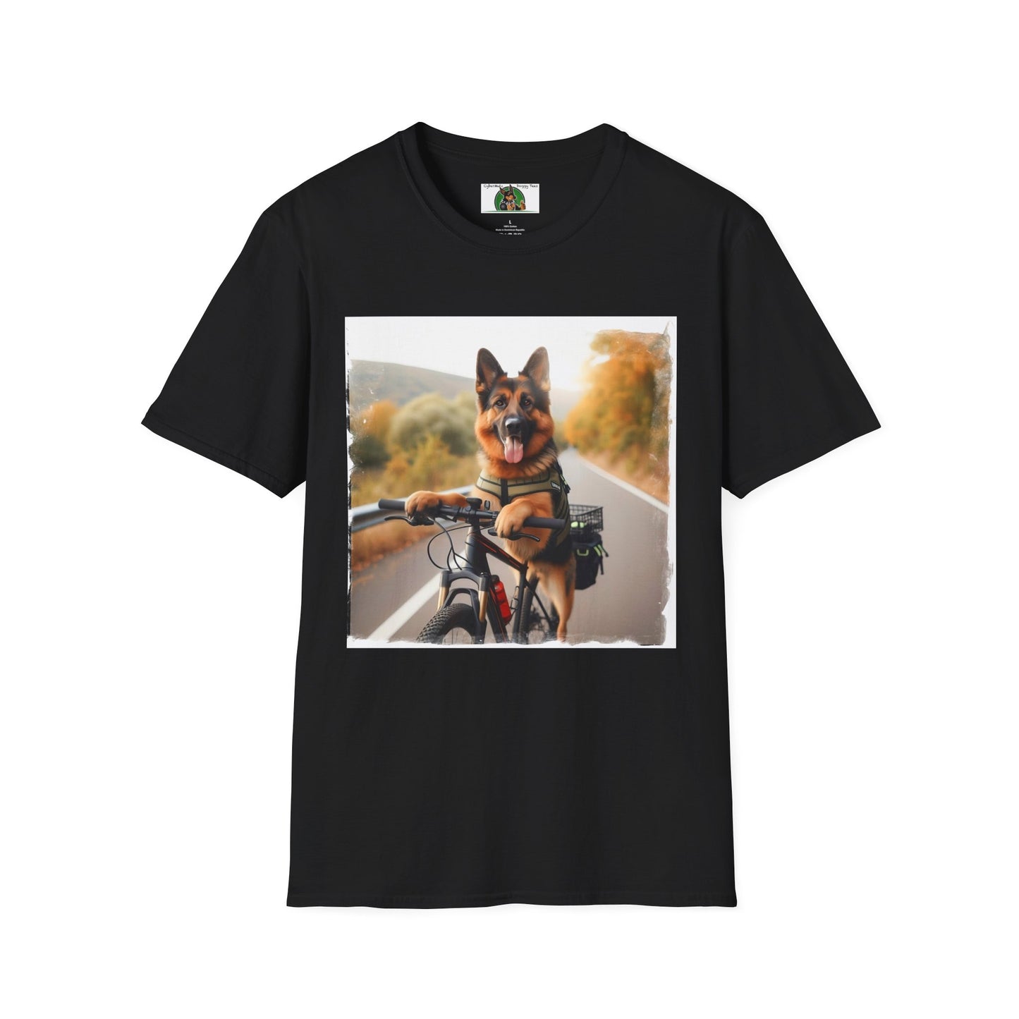 German Shepherd Dog Road Biking! Unisex Softstyle T-Shirt T-Shirt Printify S Black 