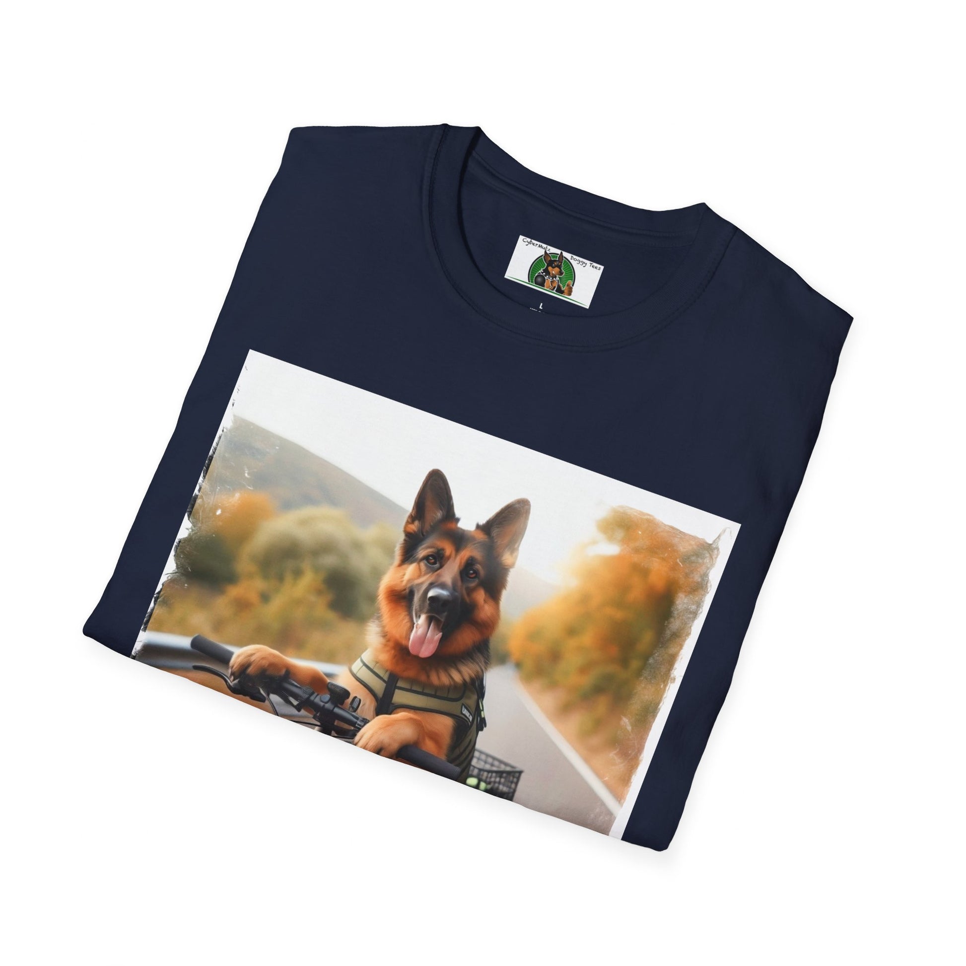 German Shepherd Dog Road Biking! Unisex Softstyle T-Shirt T-Shirt Printify   