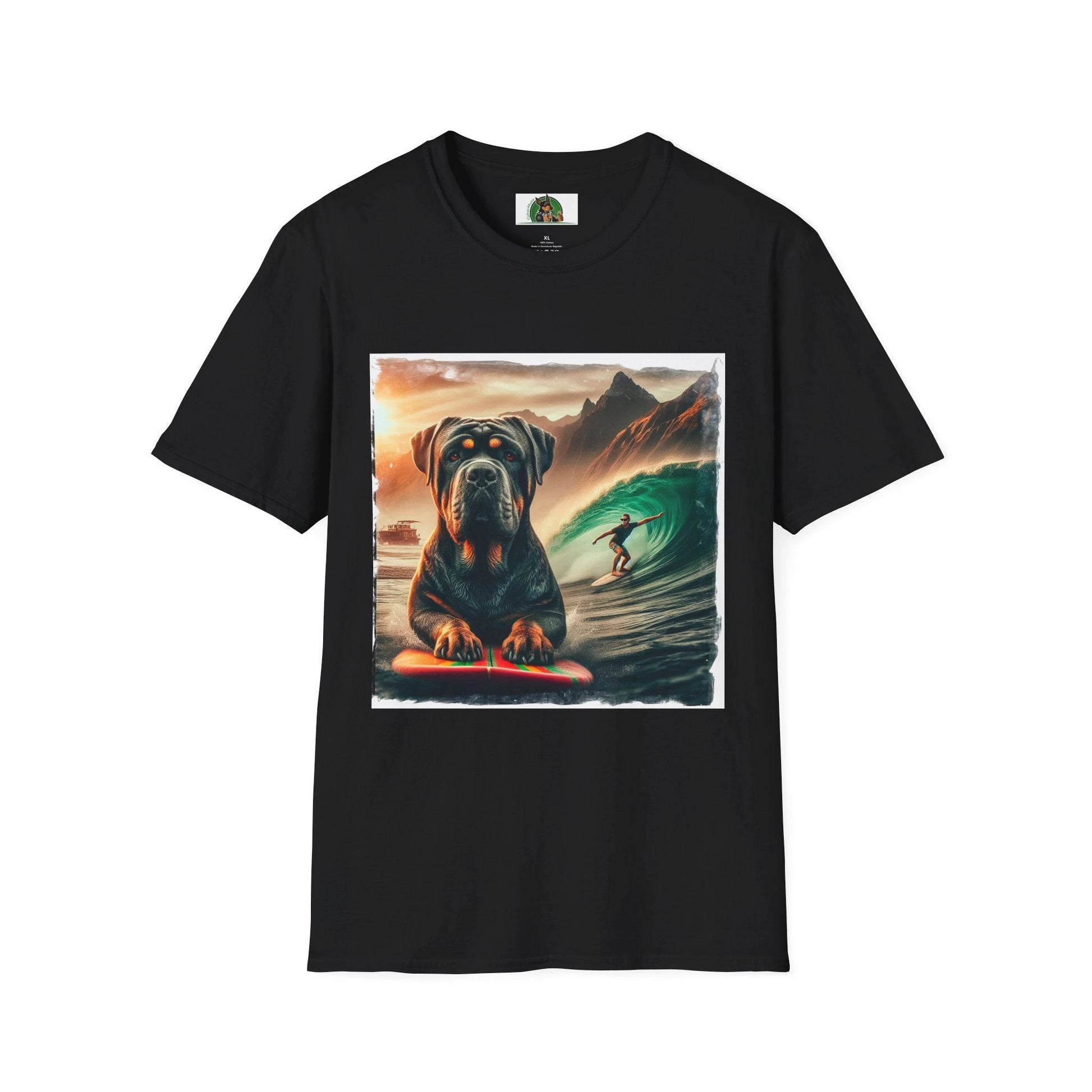 Cane Corso Surfer Dog At The Beach Italian Mastiff Portrait For Dog Lovers And Beach Decor Enthusiasts T-Shirt Printify XS Black