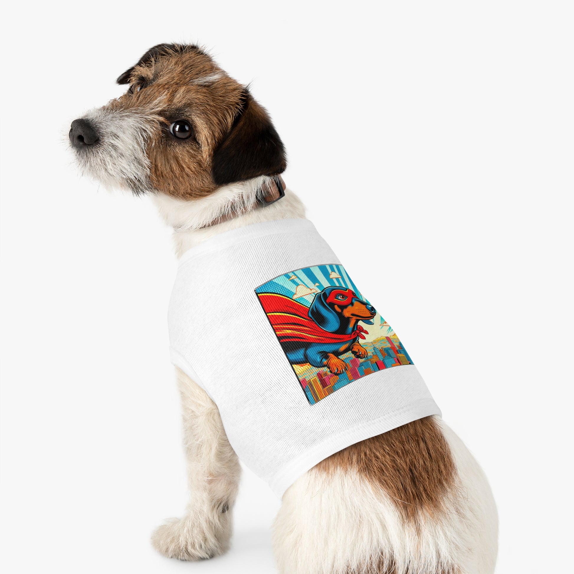 Pet Tank Top Dachshund flying superhero t shirt Pets Printify
