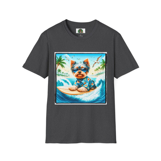 Yorkie surfing shirt T-Shirt Printify XS Dark Heather