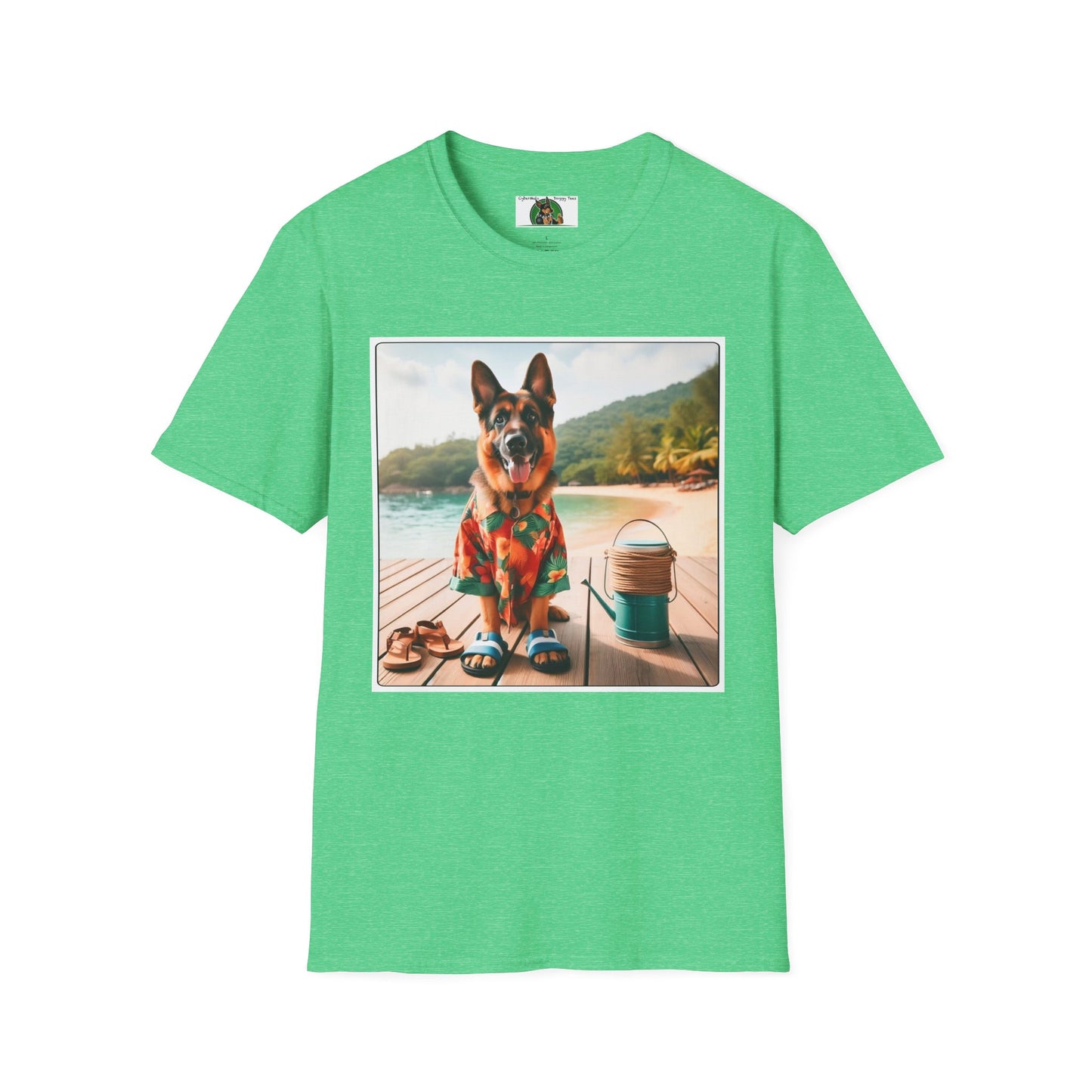 German Shepherd Dog "Beachin" Unisex Softstyle T-Shirt T-Shirt Printify S Heather Irish Green