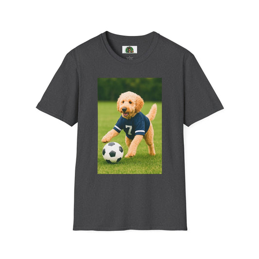 Golden Doodle Soccer T-Shirt — Sports Dog Playing Soccer T-Shirt Printify Dark Heather S
