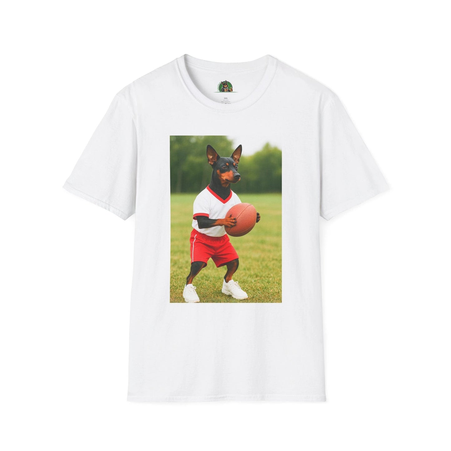 Miniature Pinscher Football T-Shirt — "Min Pin Football" Dog Lover Sports Tee T-Shirt Printify White S