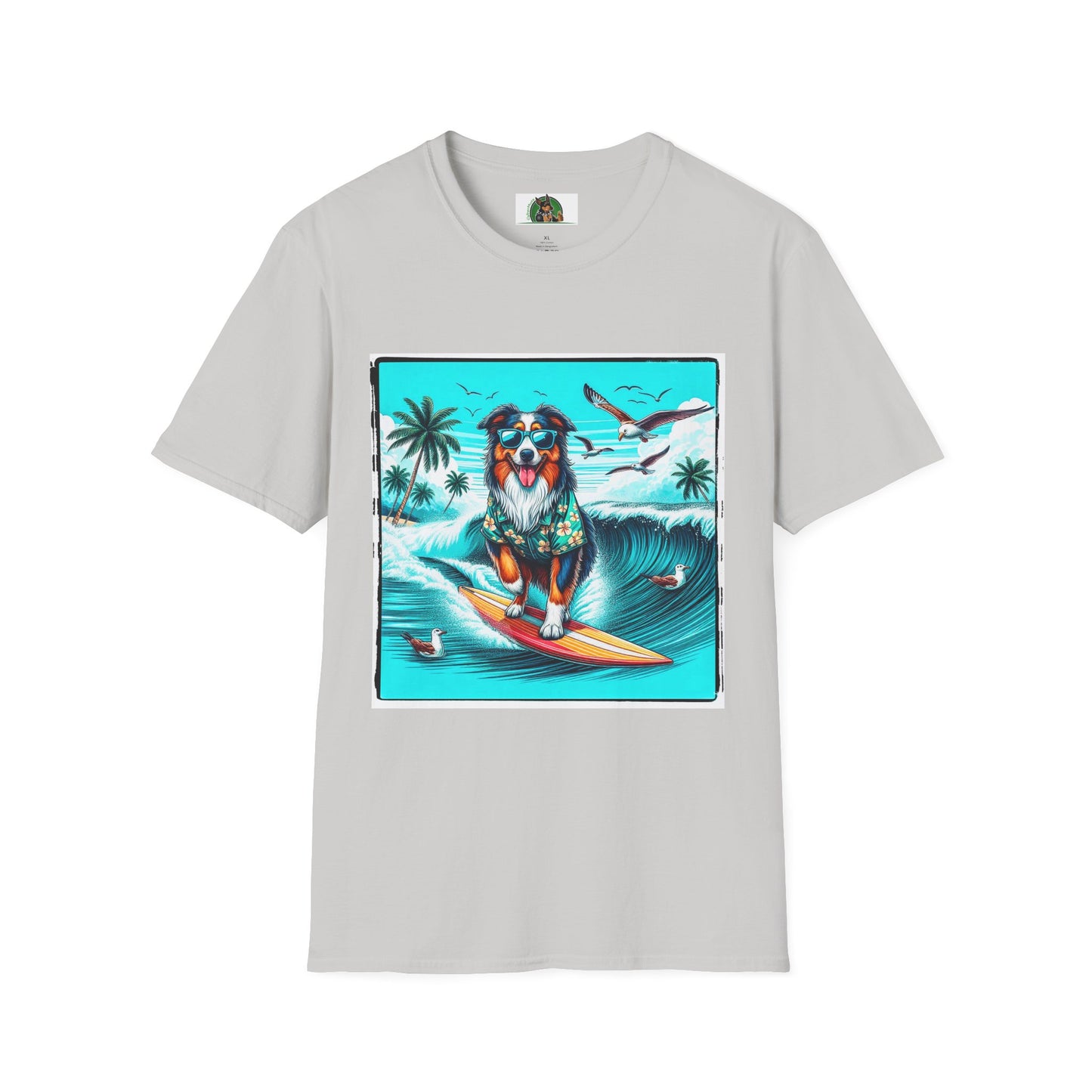 Australian Shepherd Wearing Hawaiian Shirt Surfer Dog T-Shirt Printify S Ice Grey