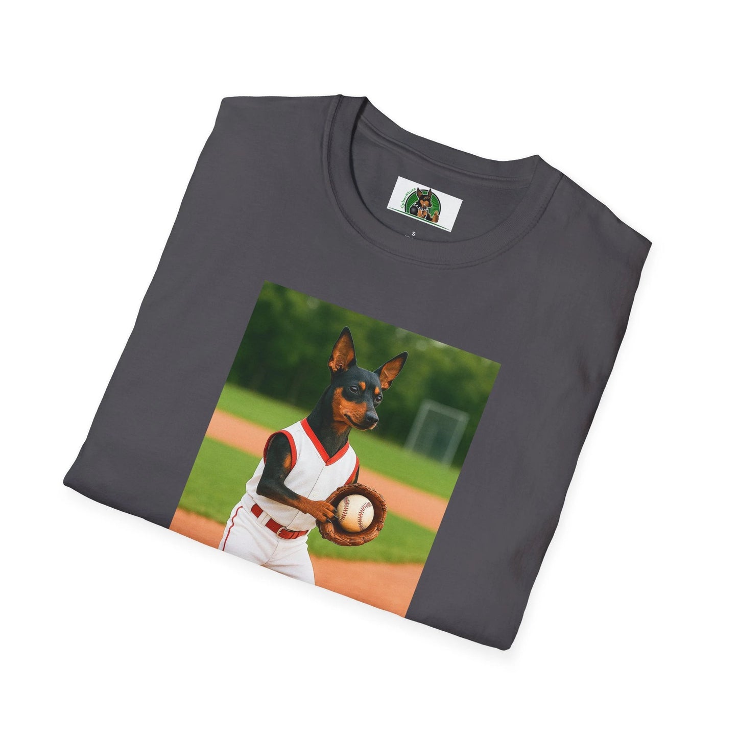Min Pin Baseball Tee — Miniature Pinscher Dog Lover Sports T-Shirt T-Shirt Printify