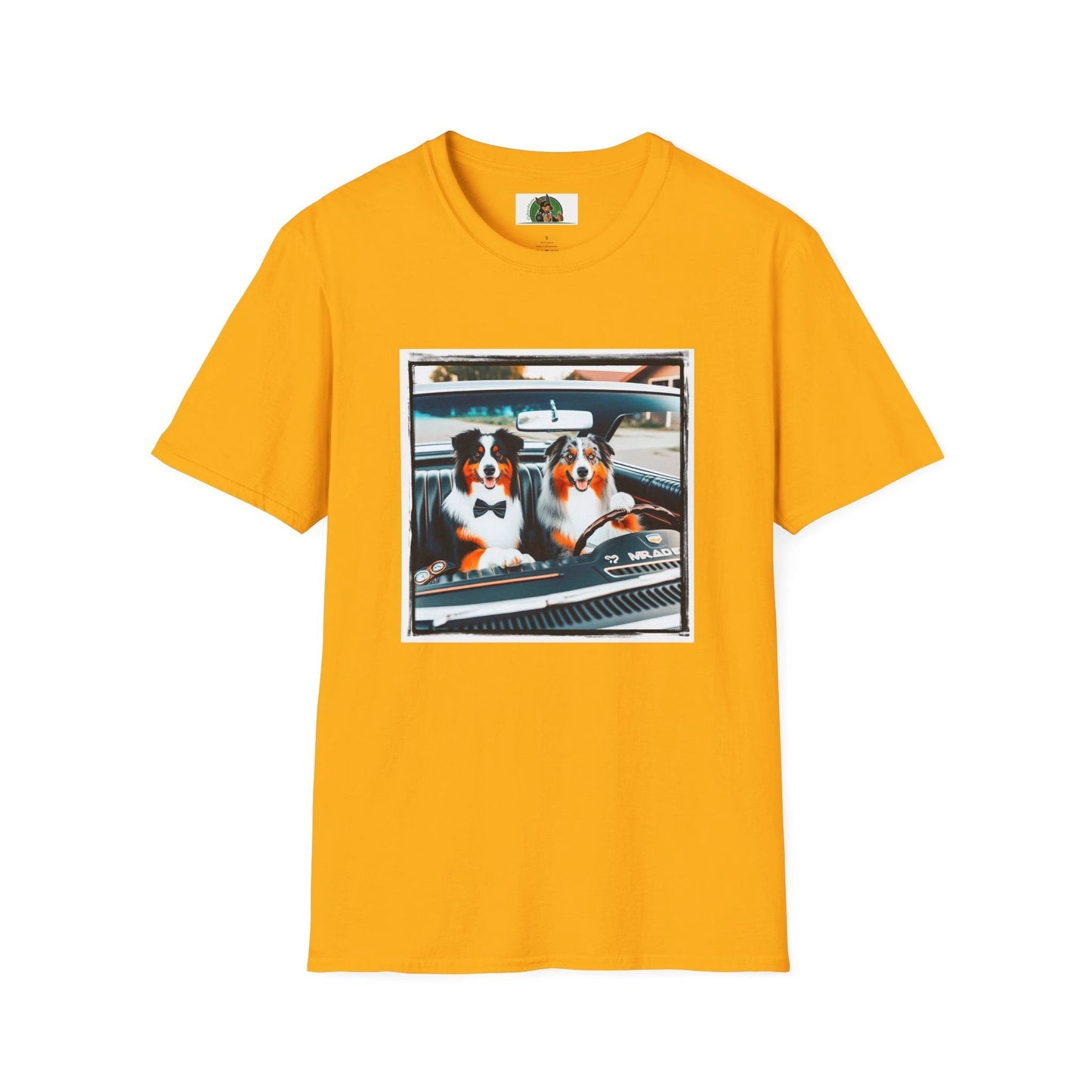 Australian Shepherd Couple Sunday Driving Tee For Dog Lovers Graphic Tee Great Gift Idea T-Shirt Printify S Gold