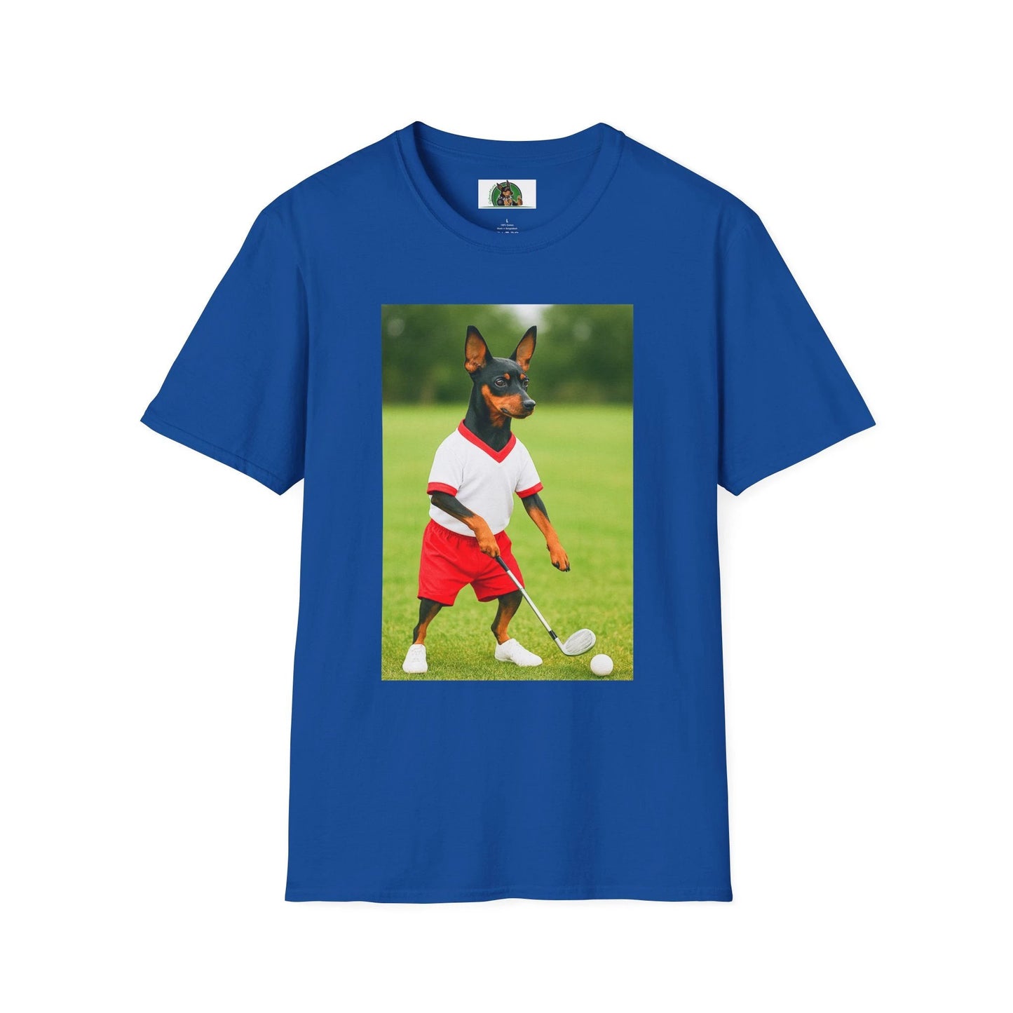 Miniature Pinscher 'Min Pin Golf Tee' T-Shirt — Sports Dog Lover Golf Shirt T-Shirt Printify Royal S