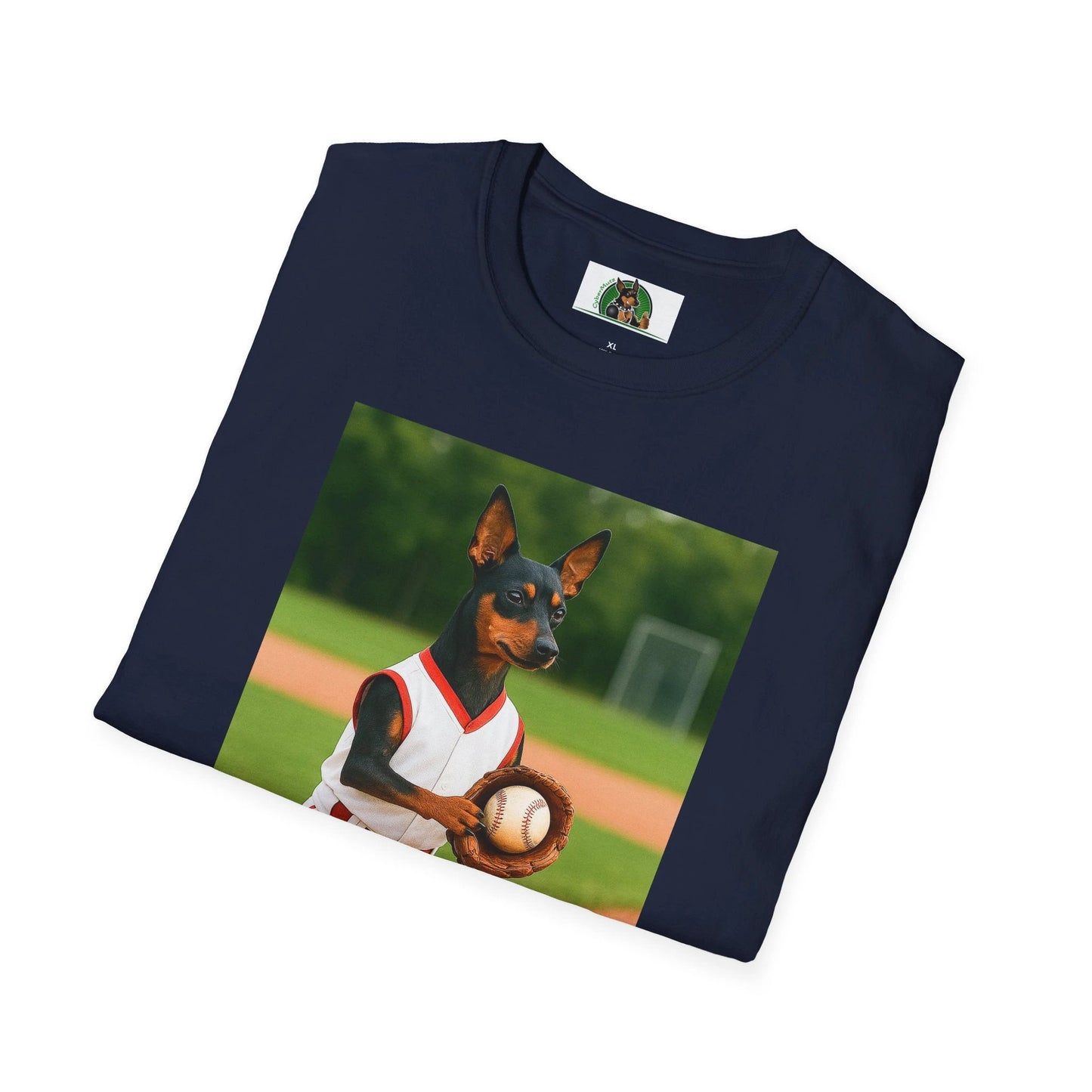 Min Pin Baseball Tee — Miniature Pinscher Dog Lover Sports T-Shirt T-Shirt Printify