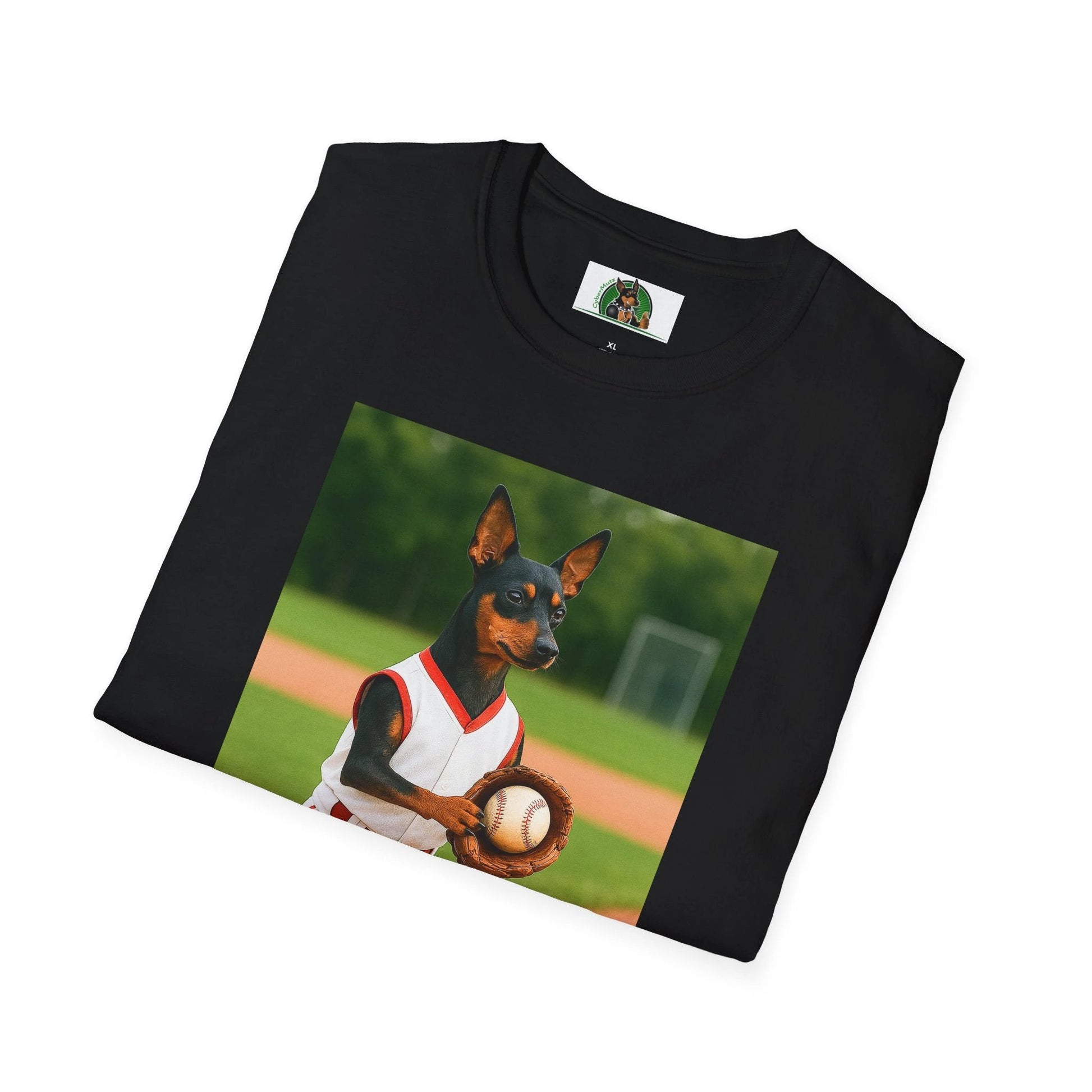 Min Pin Baseball Tee — Miniature Pinscher Dog Lover Sports T-Shirt by Printify
