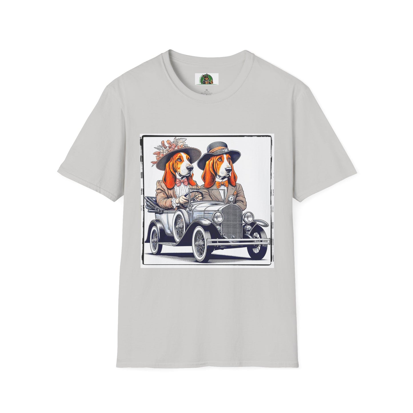 Wacky Basset Hound Couple Riding In Old Car T-Shirt Printify S Ice Grey